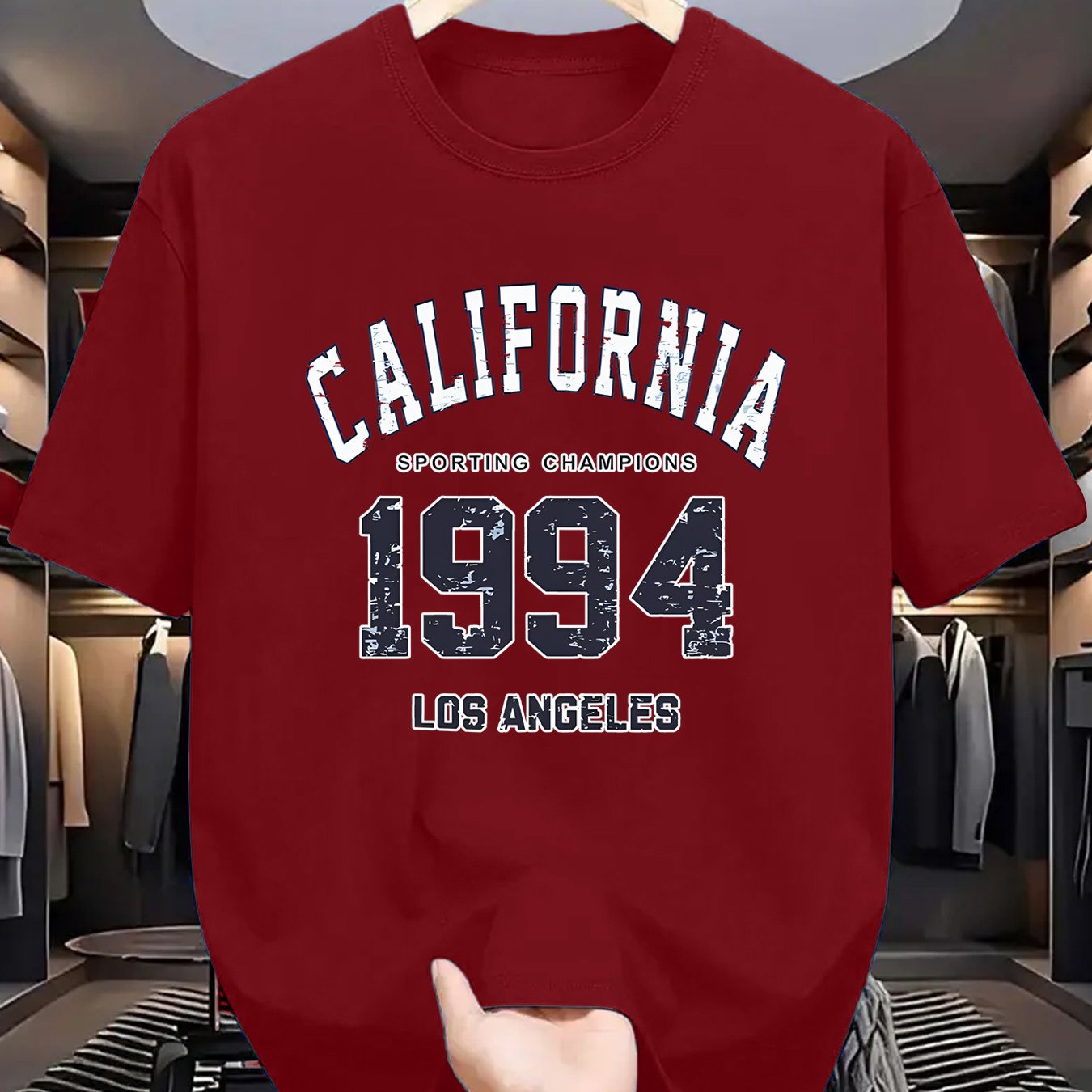 TEMU California 1954 Los Angeles Graphic T-shirt - 100% Polyester Knit Fabric, Casual Crew Neck Tee With Slight Stretch, Geometric Pattern Summer Shirt For Men