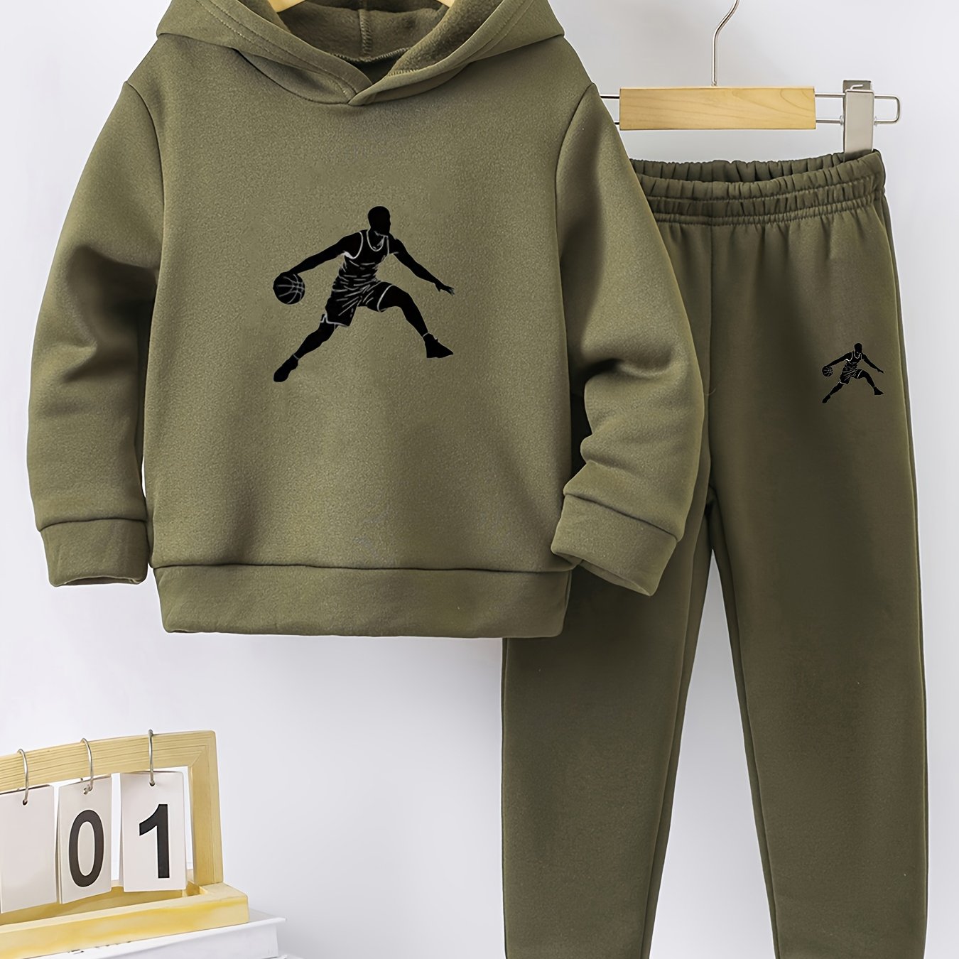 Image of Basketball Pattern Print Boys' Fleece Hooded Sweatshirt And Long Pants Set, Outdoor Sports ' Wear, For Outdoor