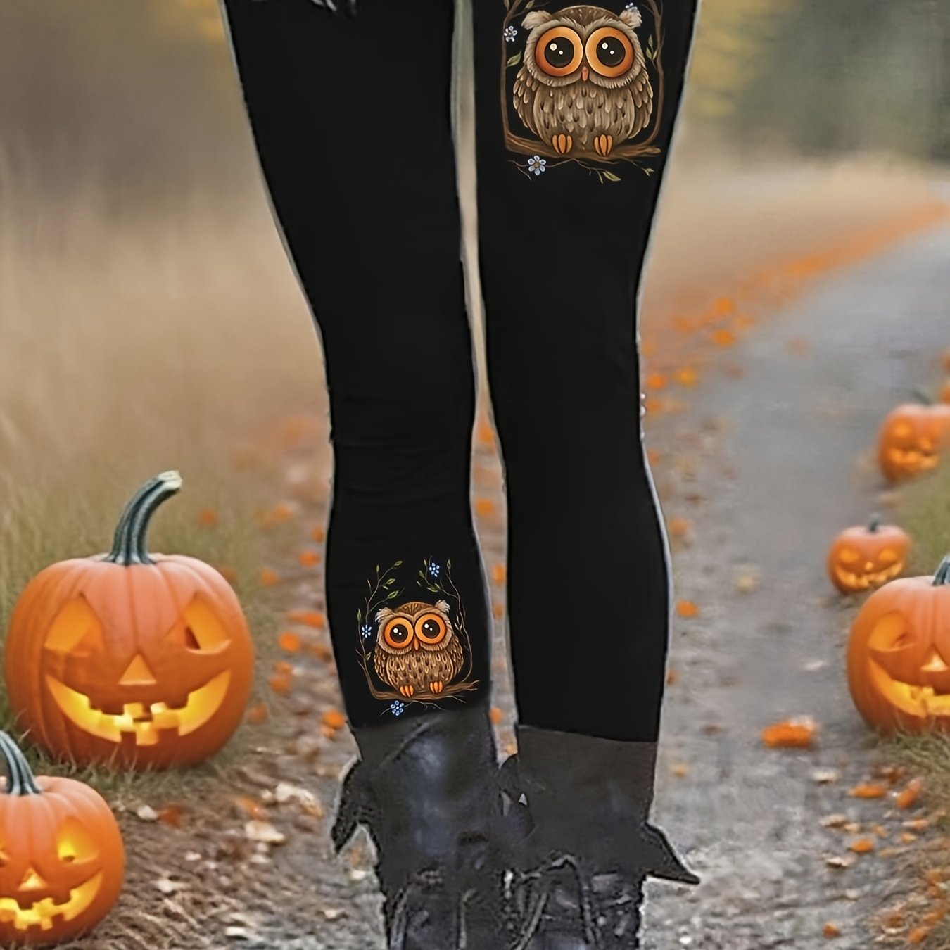 TEMU High-waisted Leggings With An Owl Pattern, Casual Stretchy Pants