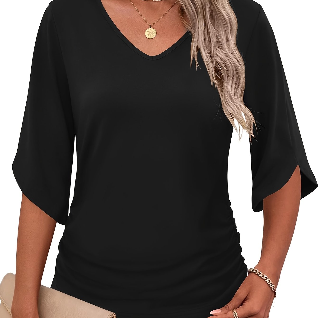 TEMU Women's 3/4 Sleeve Top, Fashionable Loose Fit Casual Side Waist Ruched Basic Shirt, Elegant And Comfortable V-neck Three-quarter Sleeve T-shirt