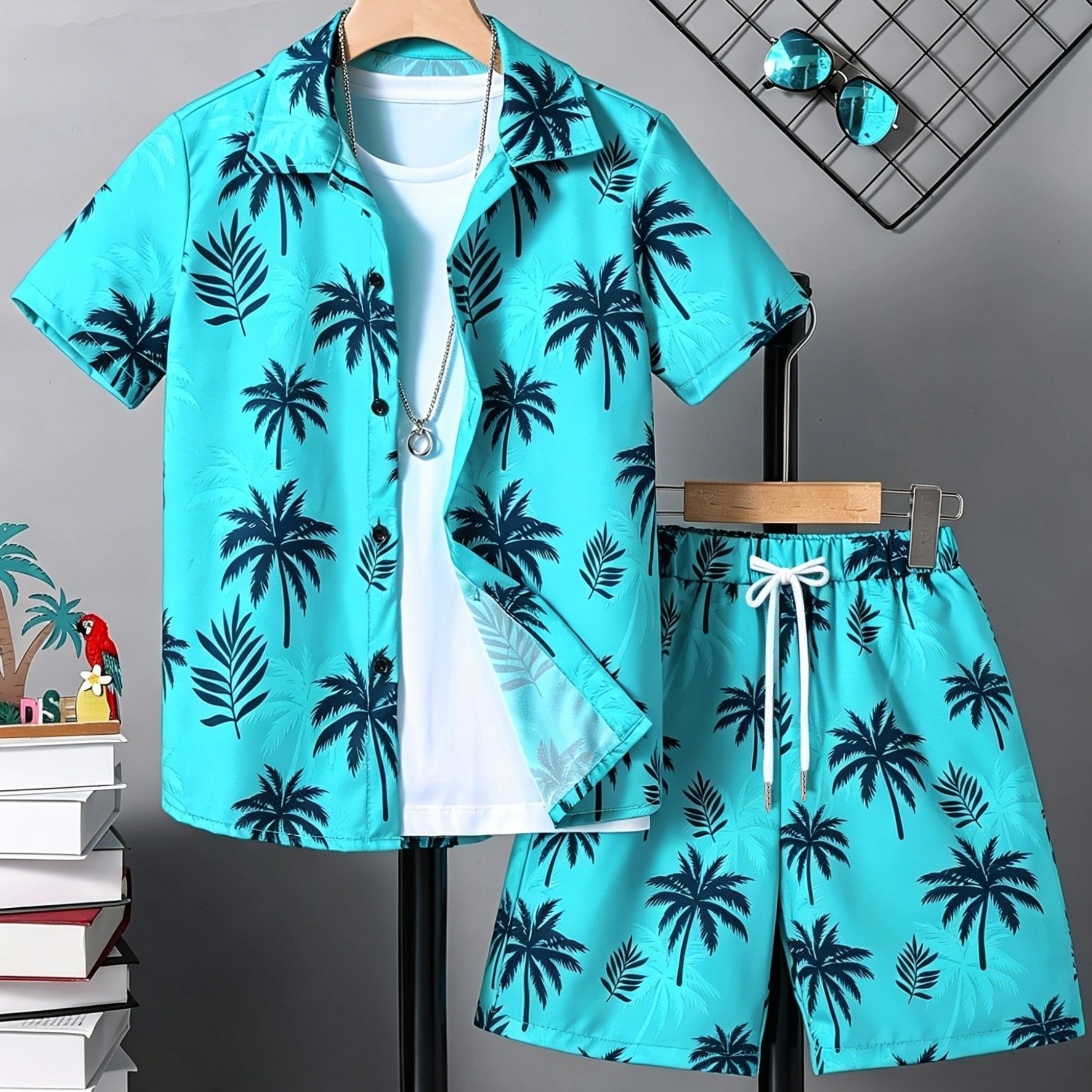 TEMU Men's Set Beach Style Coconut Tree Print 2pcs Short Sleeve And Shorts Street Fashion Suit, Vacation, Party, Gathering Wear