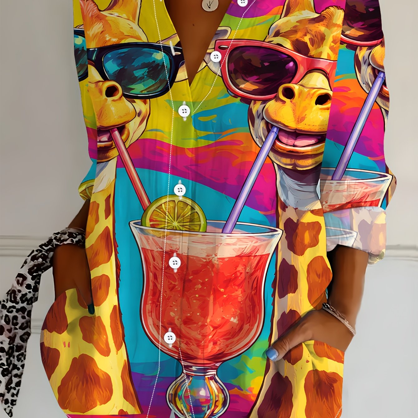 TEMU Plus Size Women's Long Sleeve Shirt, Fun Printed Style, Loose Printed Blouse, Giraffe Element Fashion, Mid-length Women's Long Sleeve Collared