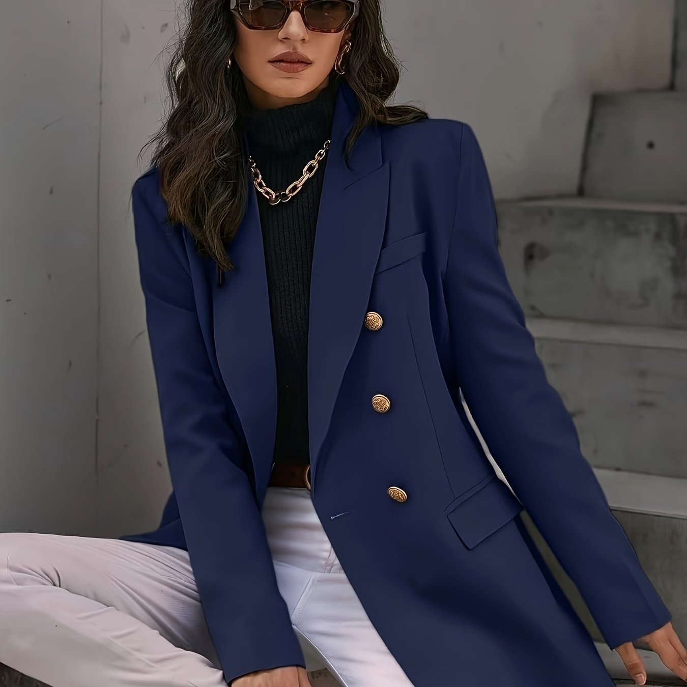 TEMU YY251218035 Blazer élégant à manches longues pour femmes, marron foncé, double boutonnage, veste de costume pour femmes, printemps automne 2026,