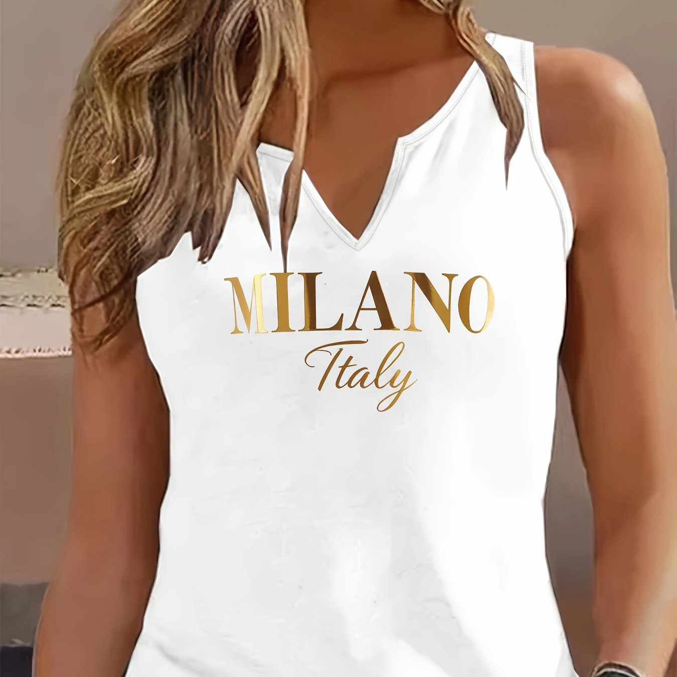 Letter Print Tank Top, Sleeveless V Neck Casual Top For Summer And Spring, Women's Clothing