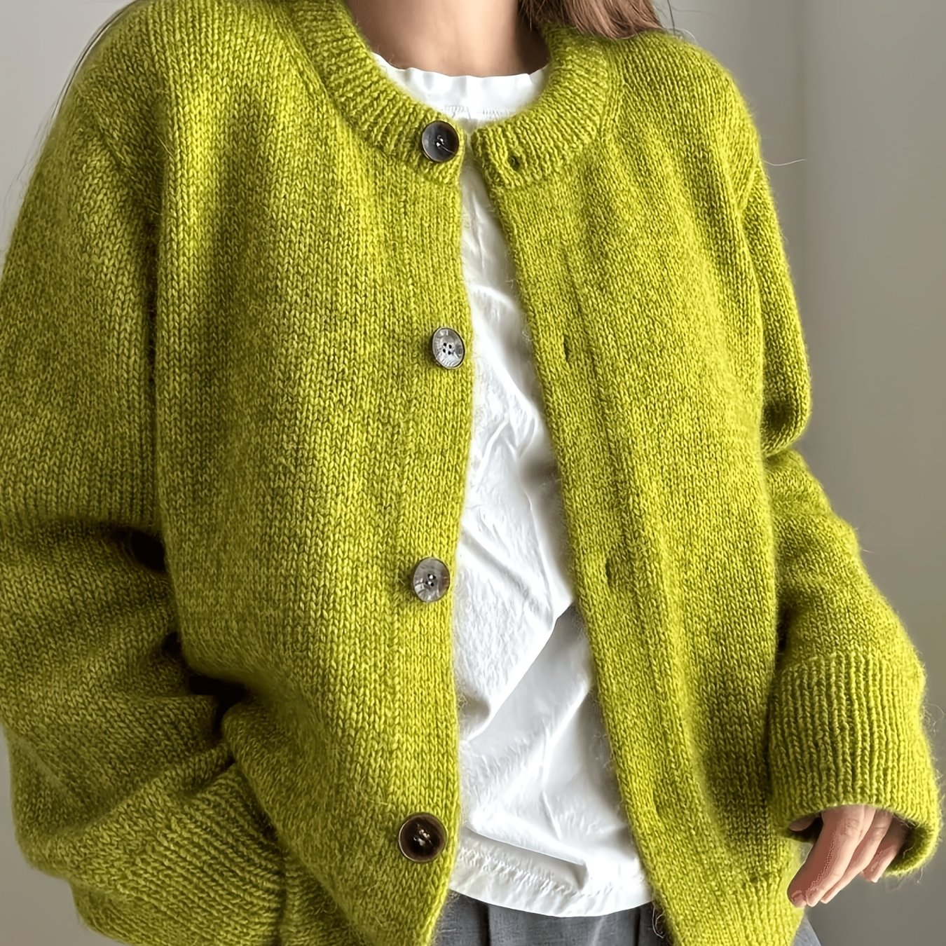 TEMU Mehrfarbige Rundhals-Strickjacke Damen Retro Einzelknopf Locker Kurzer Pullover Herbst Winter Weiche Freizeit Oberbekleidung Top ASD1