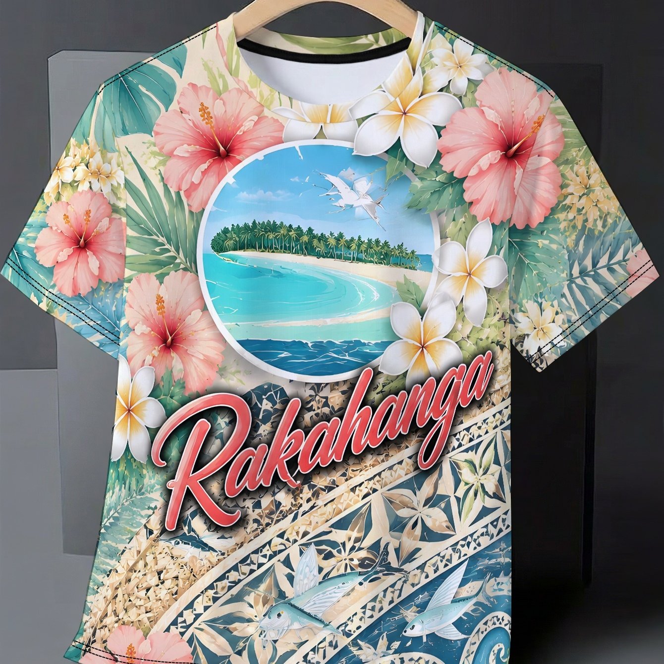 TEMU Plus Size Men's Summer T-shirt, 2d Rakahanga Floral Print Graphic Short Sleeve Tees, Trendy Casual Tops For Daily Life, Big And Tall Guys