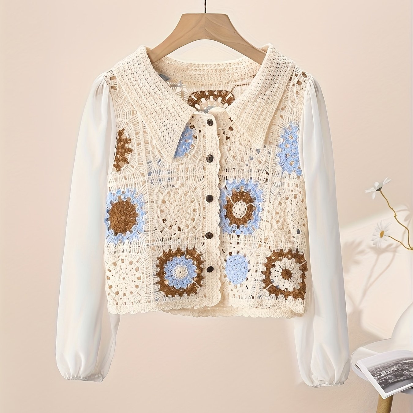 E-shop Bohemian Freizeit Elegantes Halsausschnitt Stickerei Chiffon Langarm Cardigan Jacke für Frühling Sommer