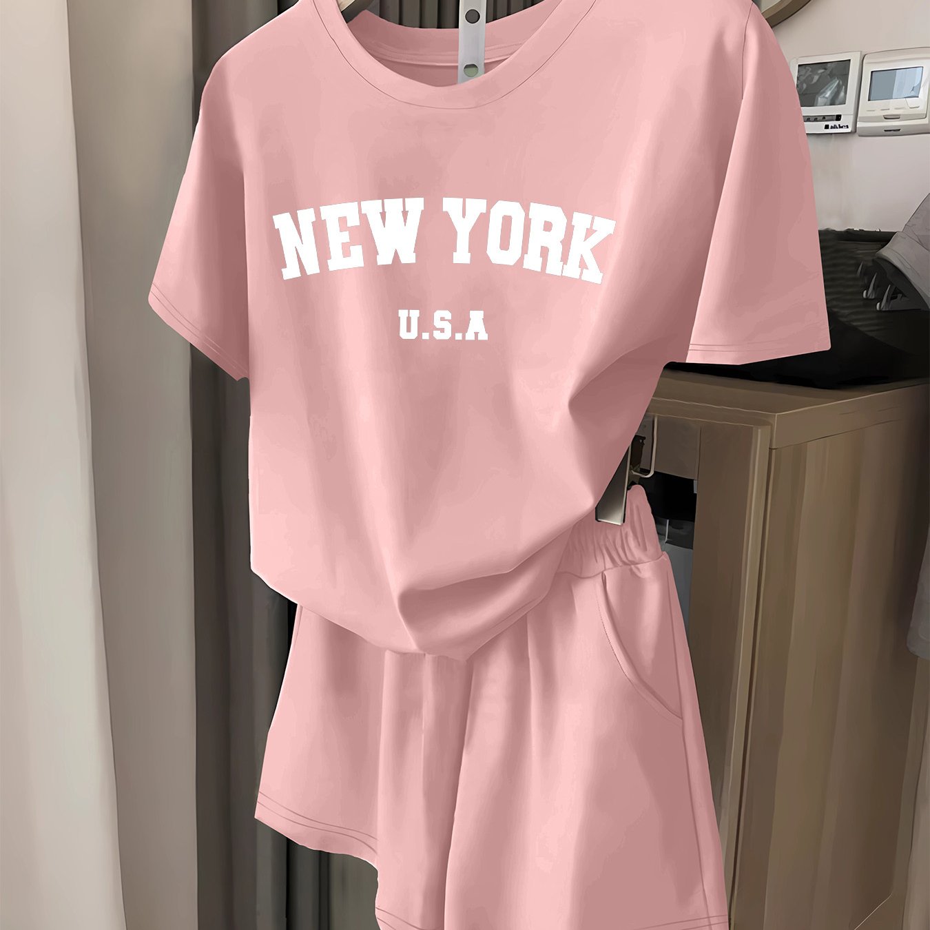 TEMU Spring And Summer Women's Outfit Featuring A Graphic Printed Casual T-shirt And Shorts Set