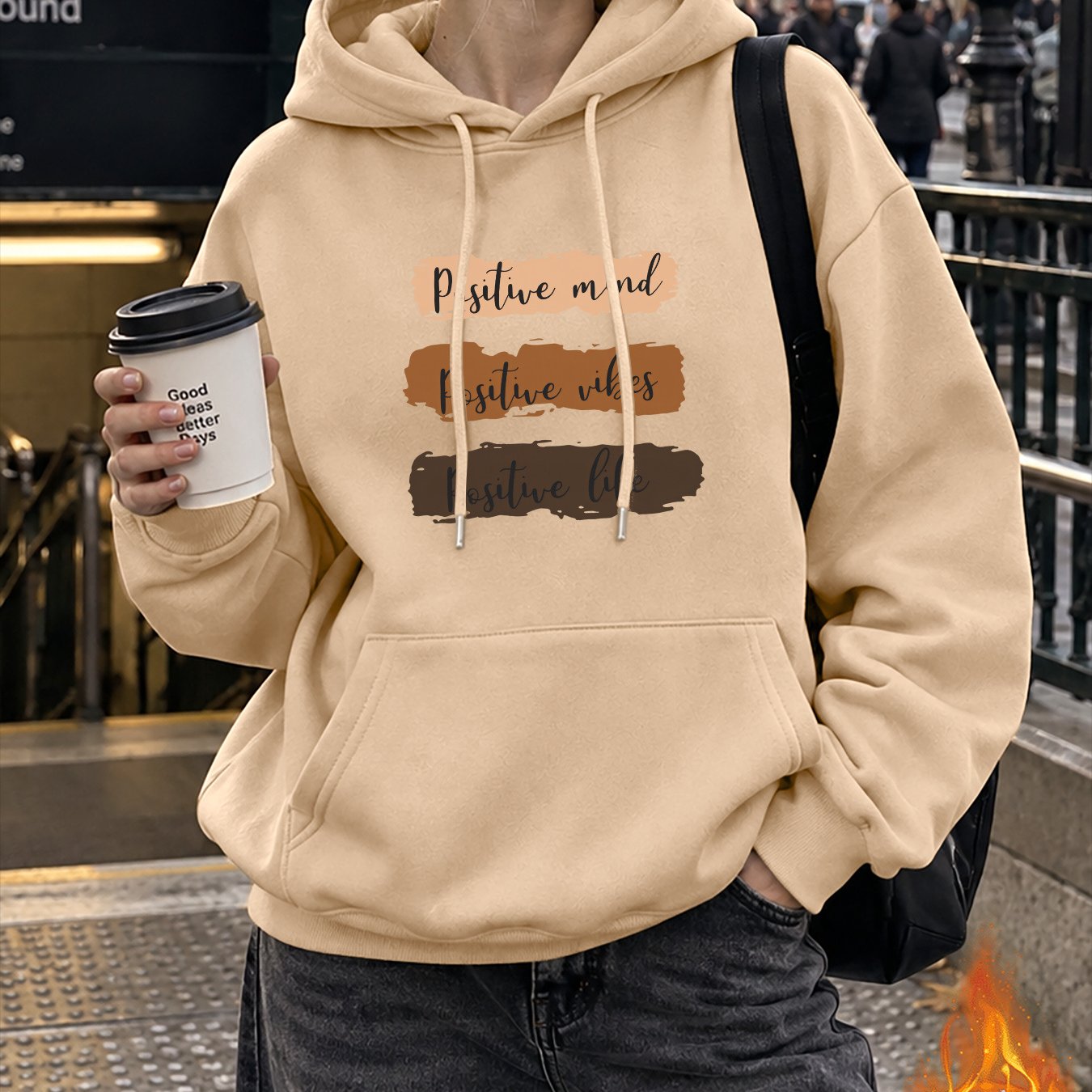 Image of Autumn Winter Women's Fashionable Loose Drop-shoulder Hooded Fleece Sweatshirt With Print, Casual Pullover Jacket With Pockets And Drawstring