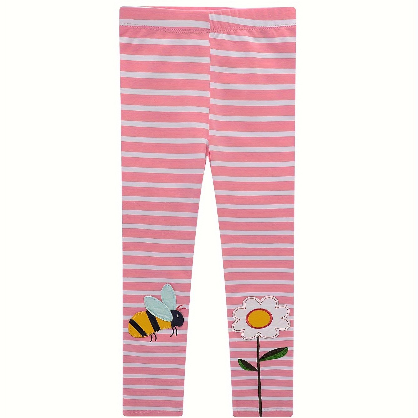 Cute Pink Striped Leggings With Flower And Bee Embroidery, Soft, Slim-fit Long Pants