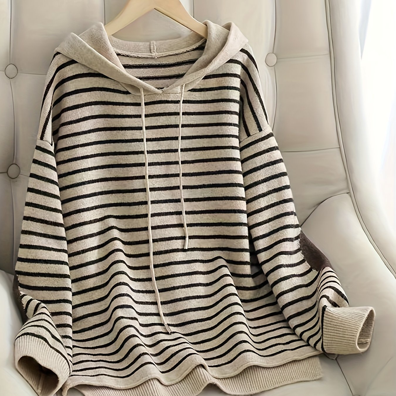 TEMU Women's Striped Hooded Sweater, Loose Drop Shoulder Drawstring Hooded Contrast Color Long Sleeve Sweatshirt, Lazy And Thinning Spring Autumn
