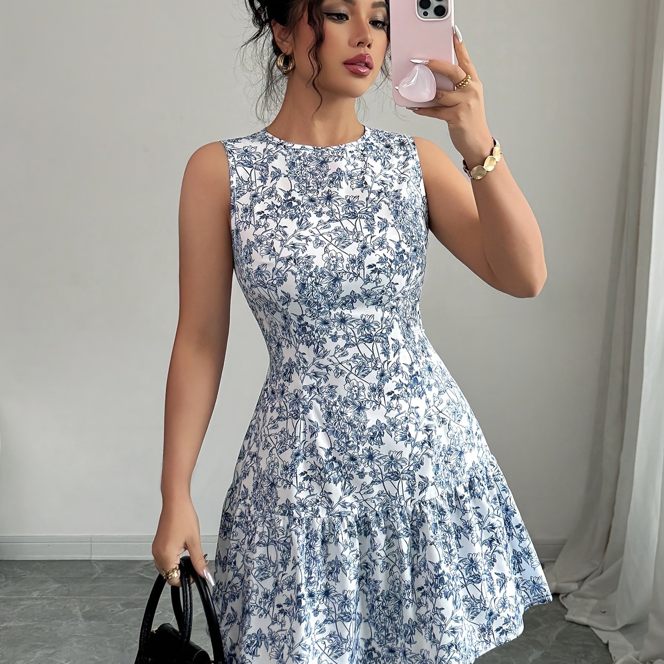 TEMU Elegant Women's Printed Round Neck Waist-cinching Sleeveless Dress, Suitable For Dates, Parties, Gatherings, And Commuting