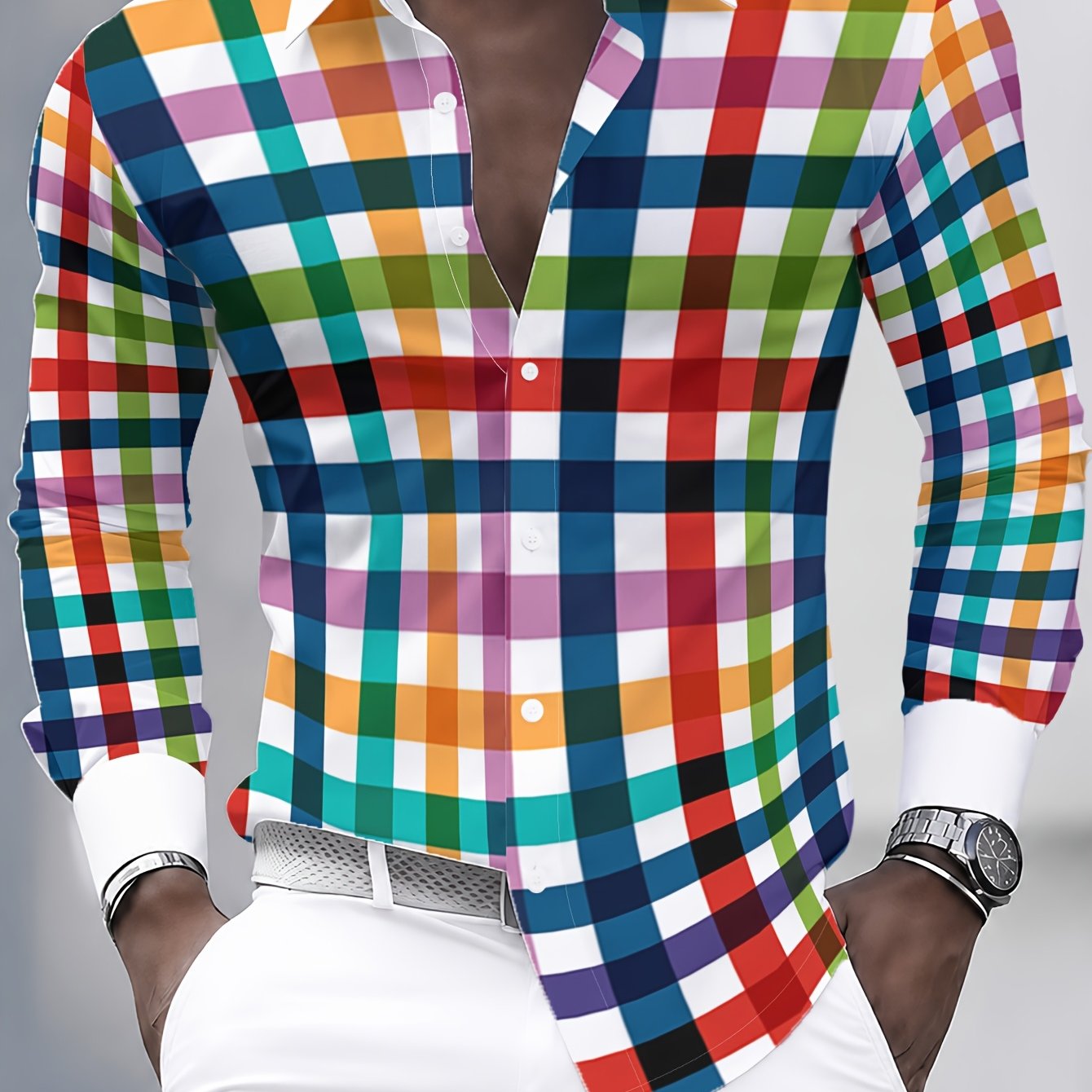TEMU Men's Casual Long-sleeve Shirt With Colorful Plaid Pattern, Trendy New Summer Outfit, For Daily Casual Wear And Vacation Beach, An For Summer