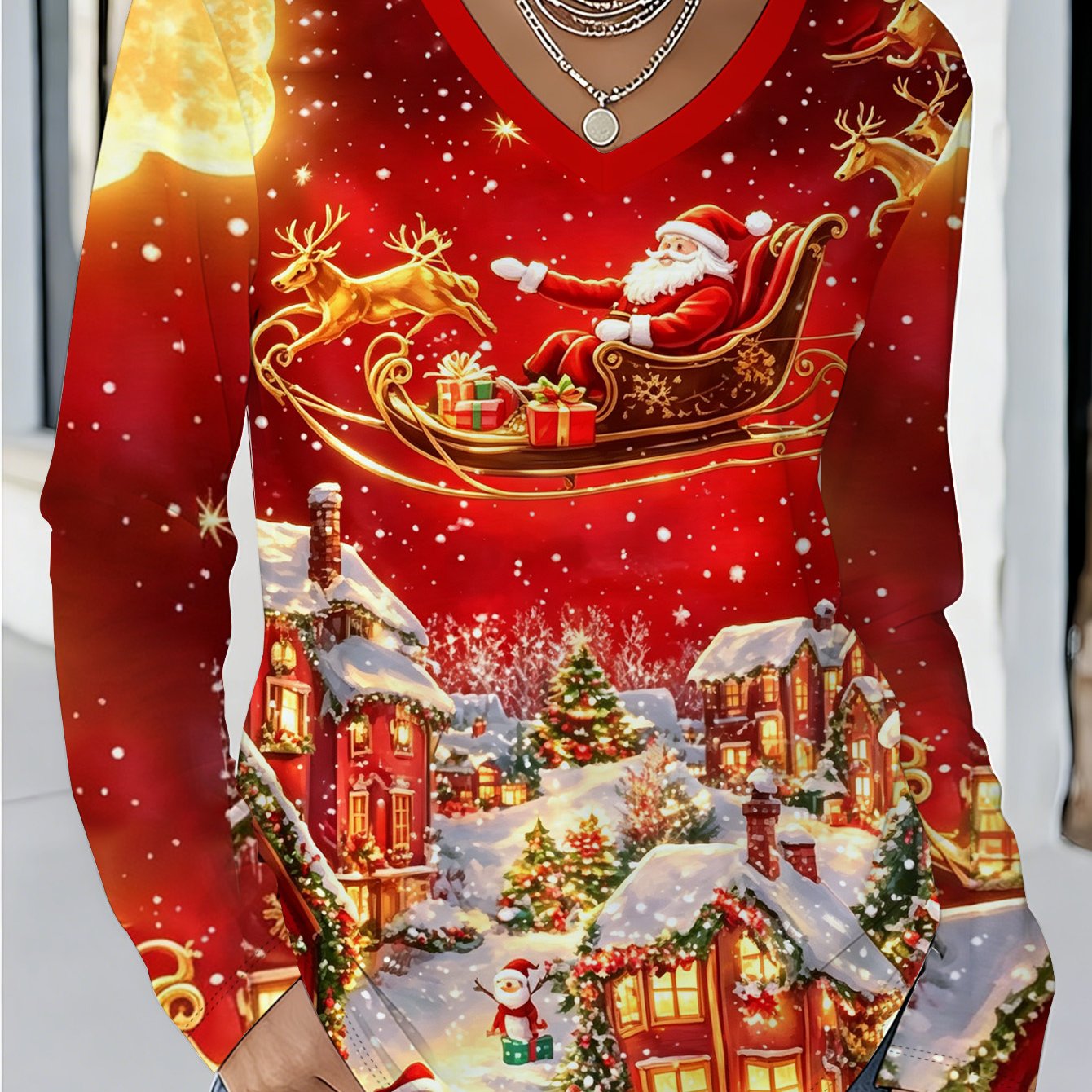 TEMU Plus Size, Plus Size Women's Christmas V-neck T-shirt - Red Santa Sleigh & Reindeer Print Loose Layer Top | Machine Washable Suitable For