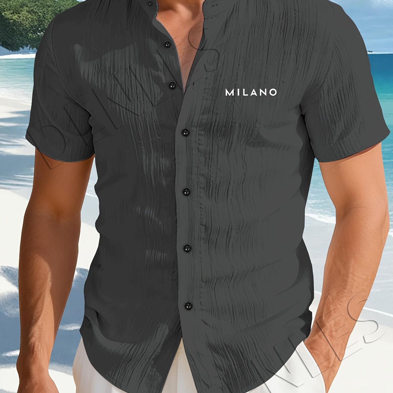 TEMU Men's Summer Solid Color Short Sleeve Stand Collar Shirt, Pattern Print - Breathable Comfortable Fabric Button Top, Casual Fashion Versatile