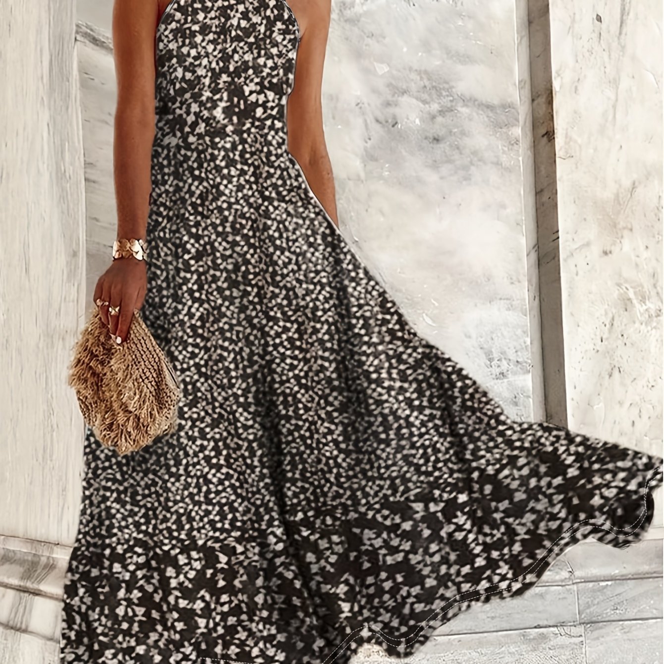 TEMU Women's Summer Floral Print Sleeveless Maxi Dress - Black & White With Adjustable Spaghetti Straps, Flowy A-, Beach & Casual Getaways, Beach