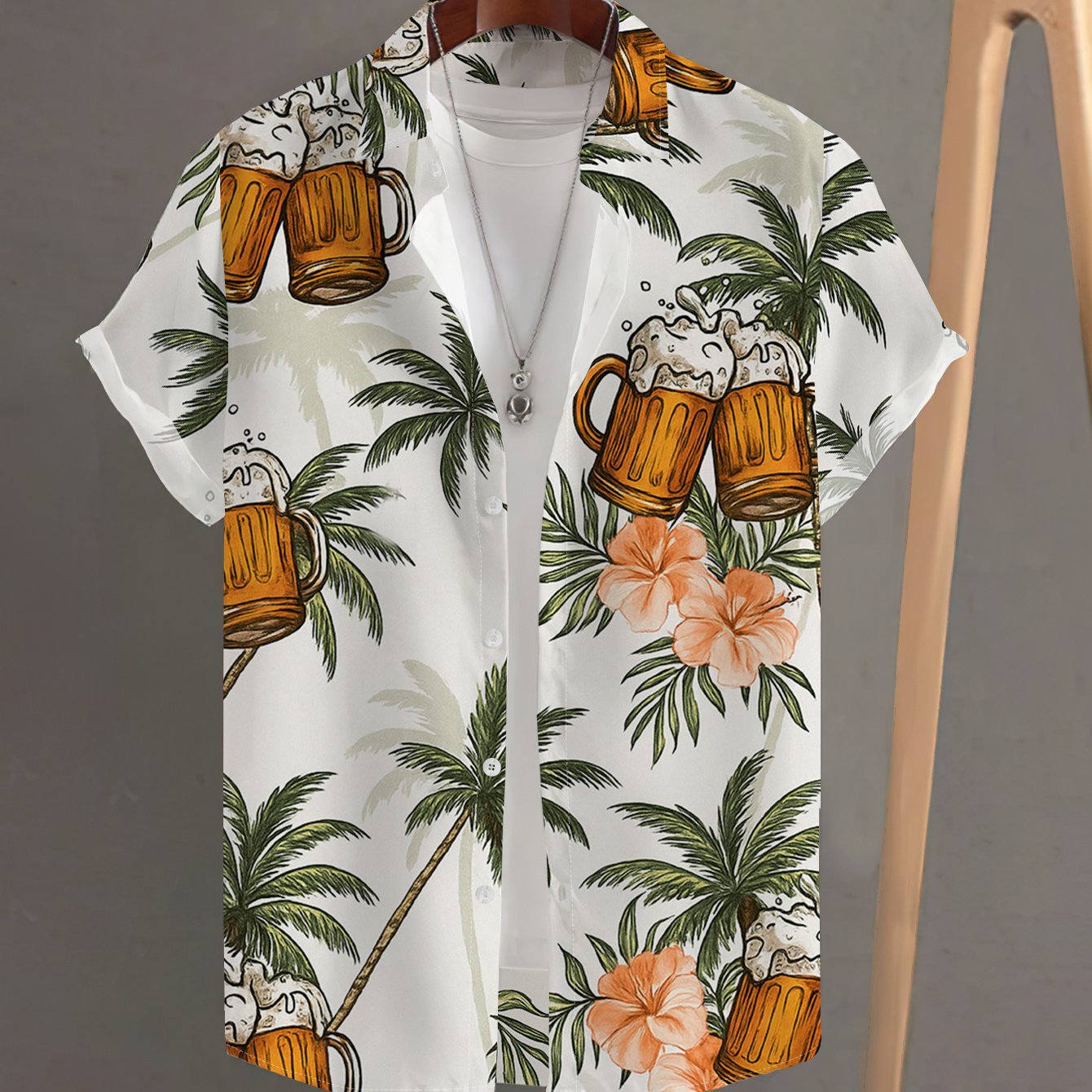 TEMU Summer Men's Printed Short-sleeve Shirt With Refreshing Beer, Coconut Tree, And Floral Patterns, Stylish Casual Vacation Top, Lightweight,
