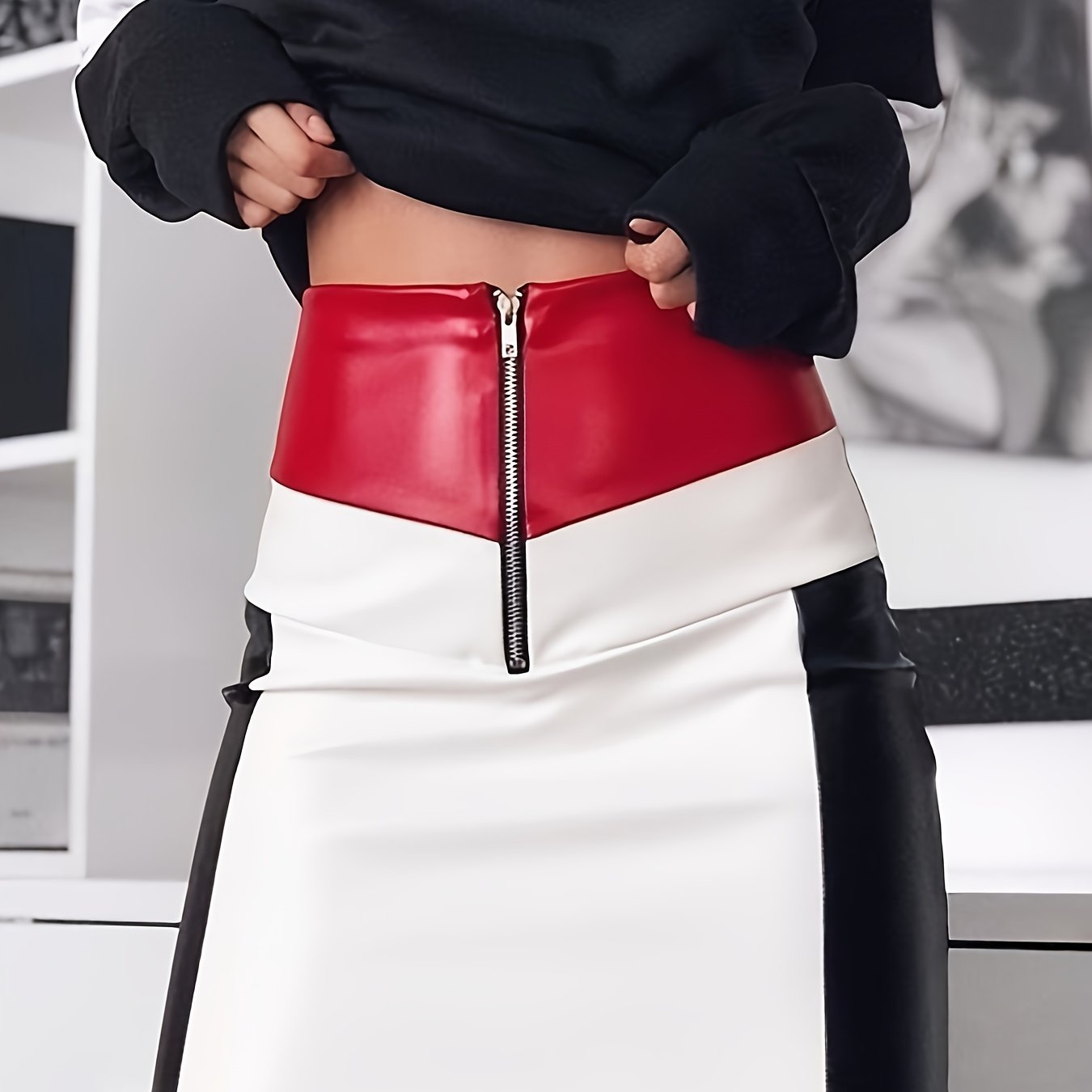 Image of Women's A-line Half-length Skirt, Spring And Summer Pu Skirt, Retro Style, Color Block Stitching, Elegant Commuting, Going Out Gathering, Party, Women's Short Skirt, New Beginning