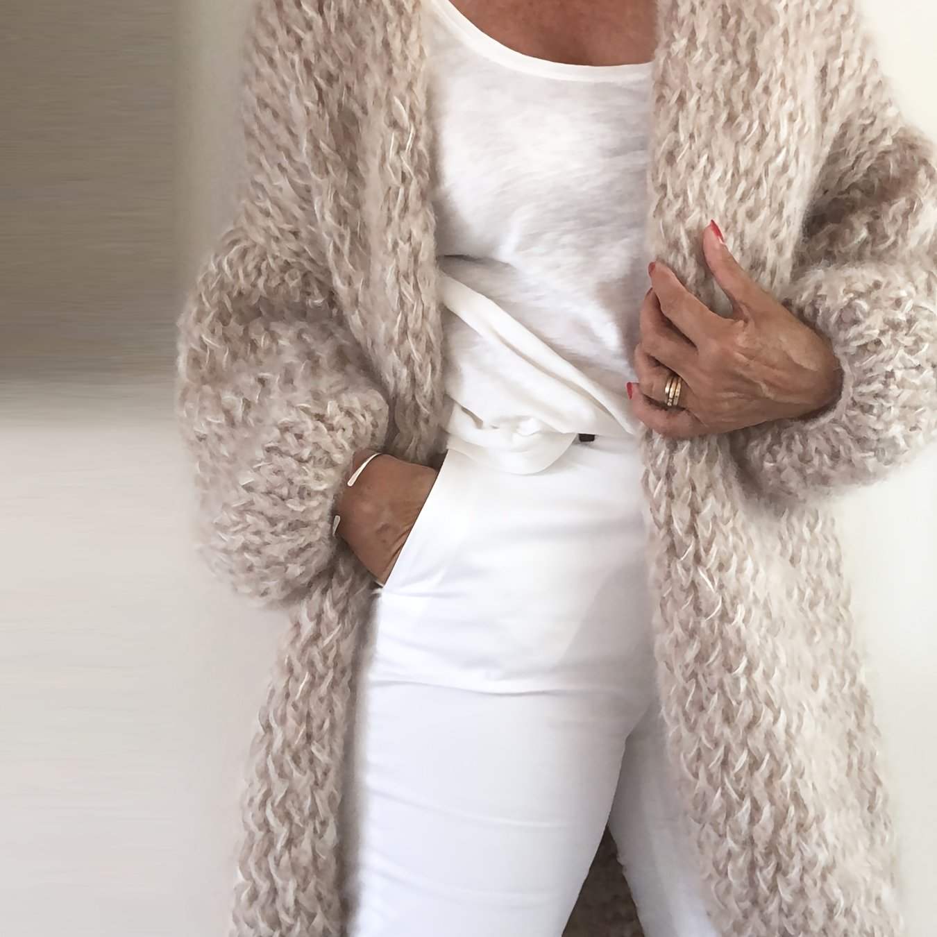 Image of Women's Autumn/winter Casual Vacation Vintage Simple Solid Color Elegant Daily Versatile High-quality Textured Heavy- Loose Lazy Style Gentle And Mid-length Warm Cardigan Coat Zllz