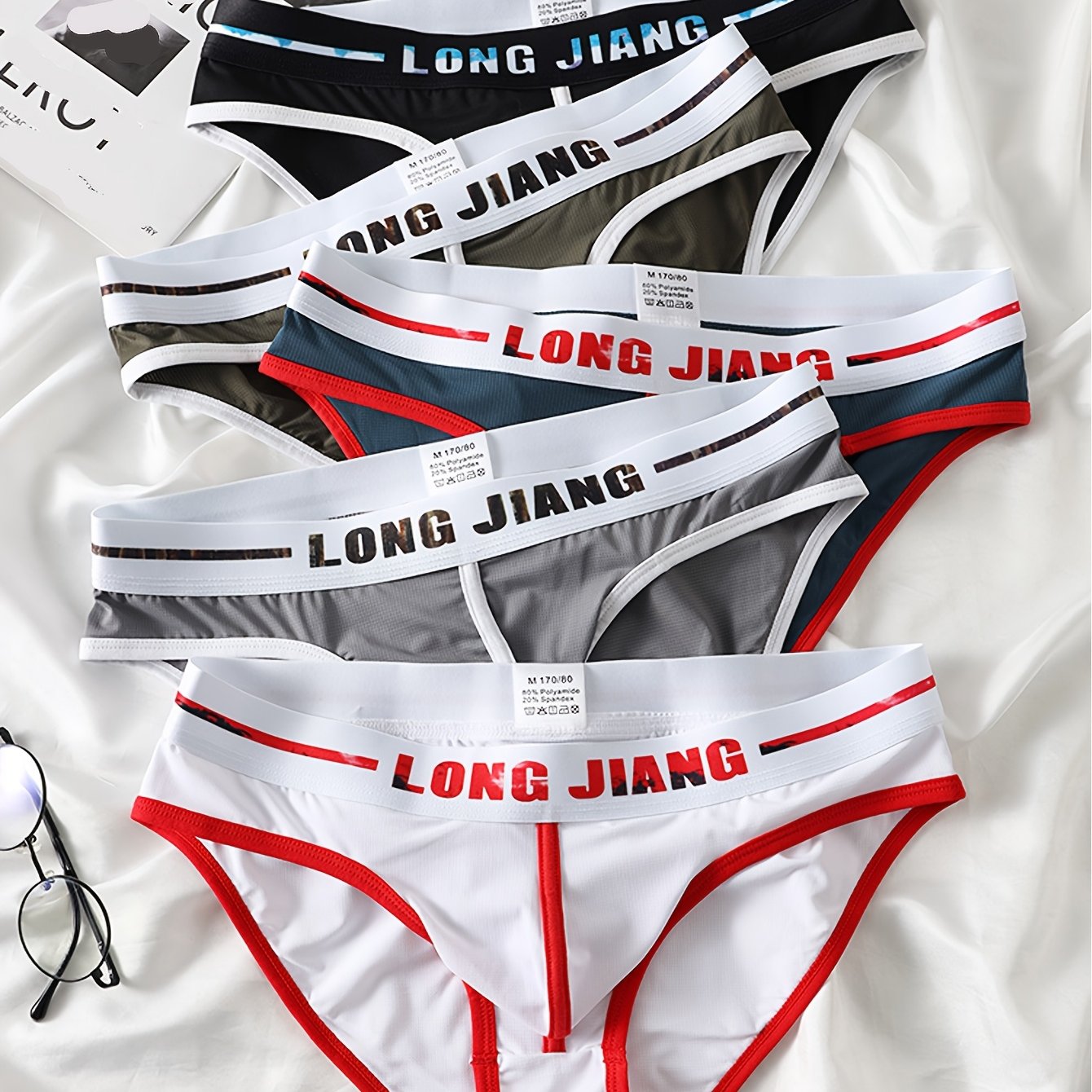 TEMU 5pcs 롱 강 멘 브리프 - 하이 스트레치, 단색, 통기성, 편안함, 신축성 있는 허리띠, 메쉬 포켓, 블랙, 화이트, 레드 & 텔 옵션, 일상 및 캐주얼 착용, 편안한 속옷 | 디자인 | 스트레치 가능한 소재