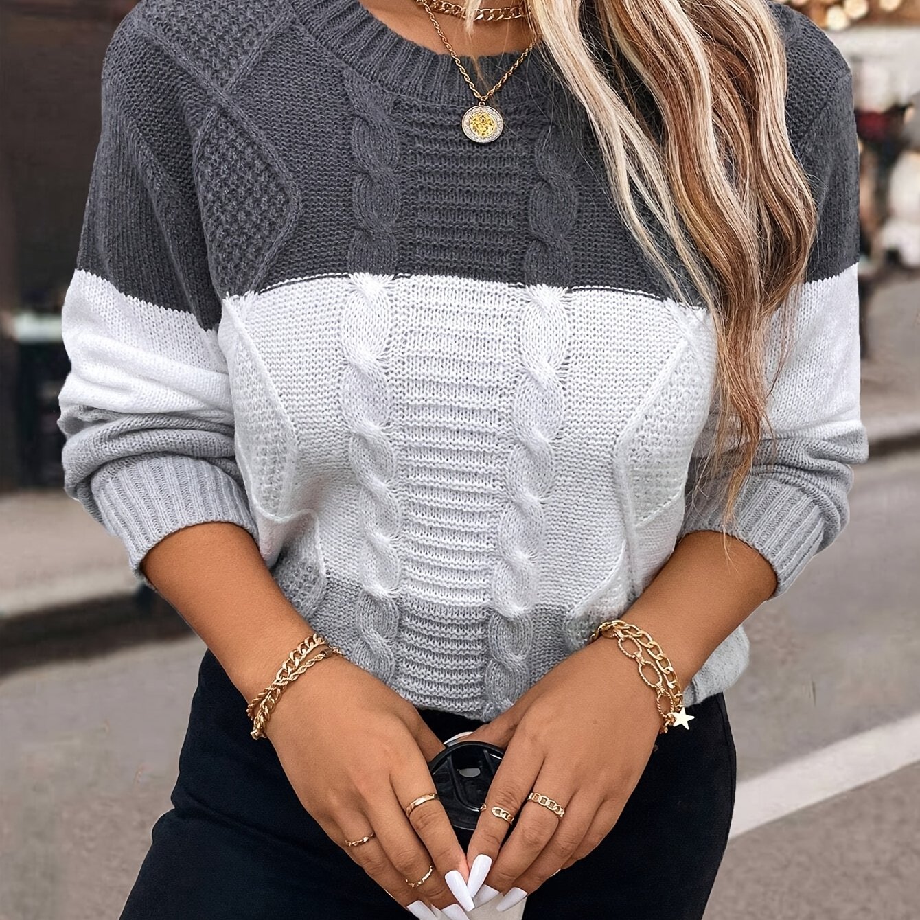 Plus Size, Plus Size Women's Autumn/winter Casual Color Block Rhombus Pattern Pullover Sweater, Long Sleeve Crew Neck Cable Fabric Top