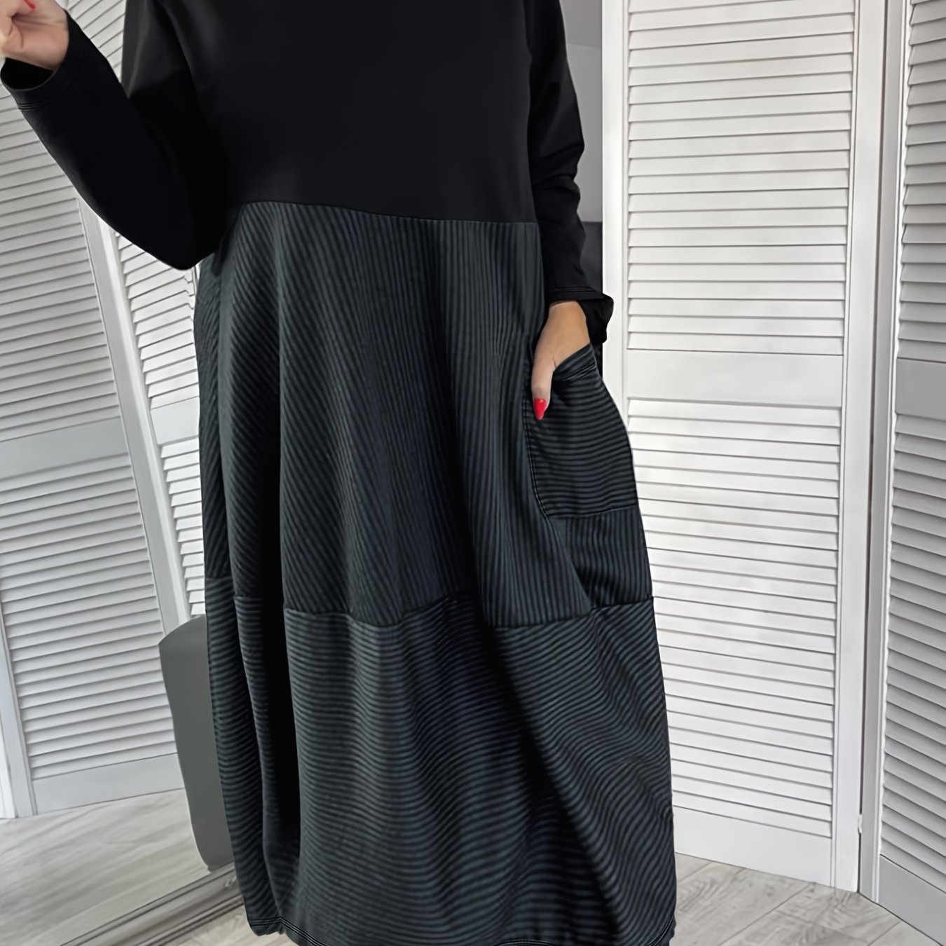 E-shop Elegantes, lässiges, schwarzes High-End-Fashion-Kleid mit Rundhalsausschnitt, und langen Ärmeln für Herbst und Winter, Mid-Length