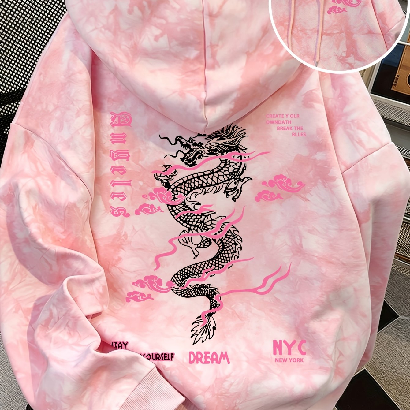 TEMU New Autumn/winter Tie-dye Hooded Sweatshirt For Women, New Chinese-style Oriental And Clouds Pattern Print, Loose Oversized Winter Street Style