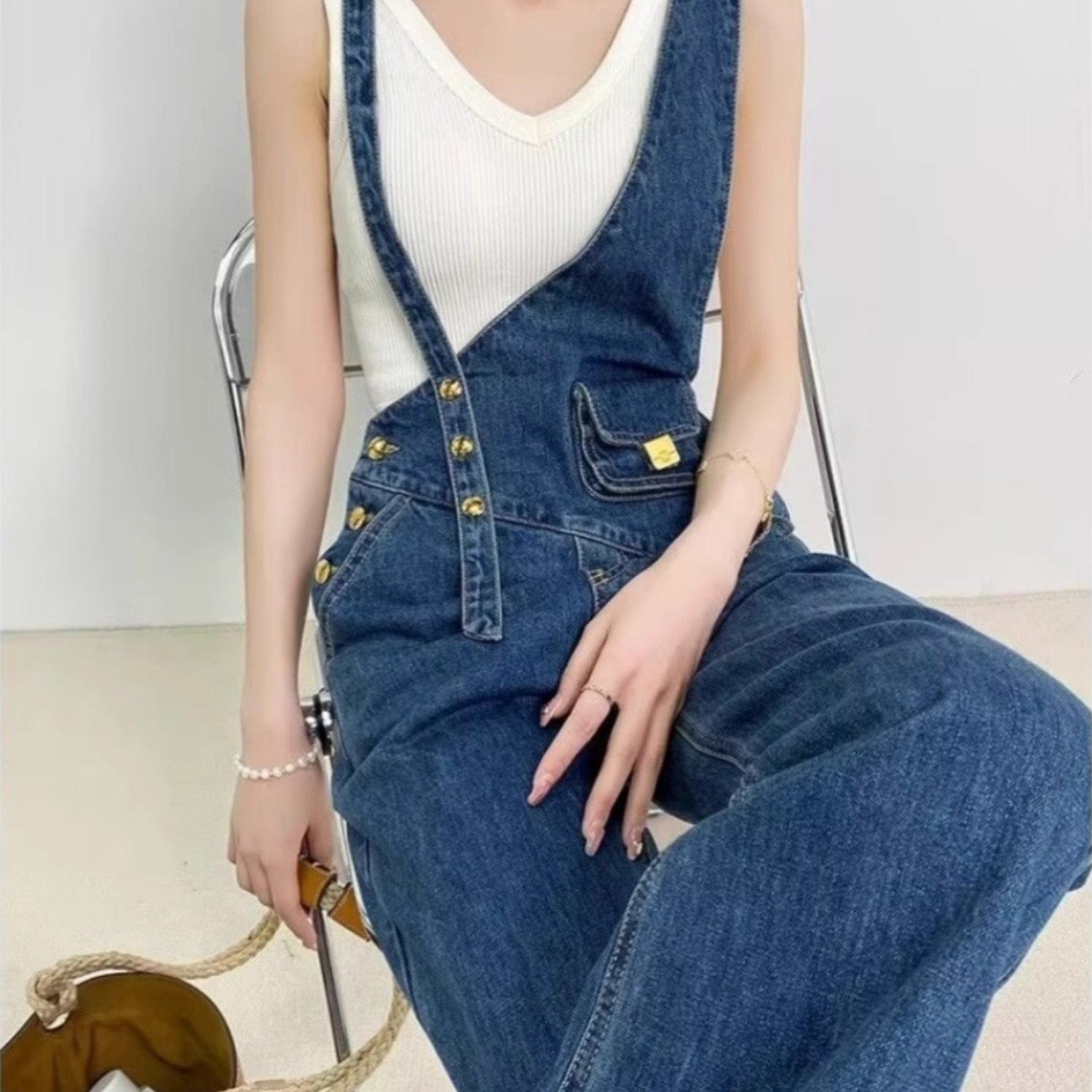 TEMU 【商品名】、ダンガリースーツ、デニムセット、不平衡デザイン、ウエストポケット付きジーンズ、調節可能なショルラップ、ズボン、下着、フルレングスズボン、スフィットパンツ、でカジュアルなルック