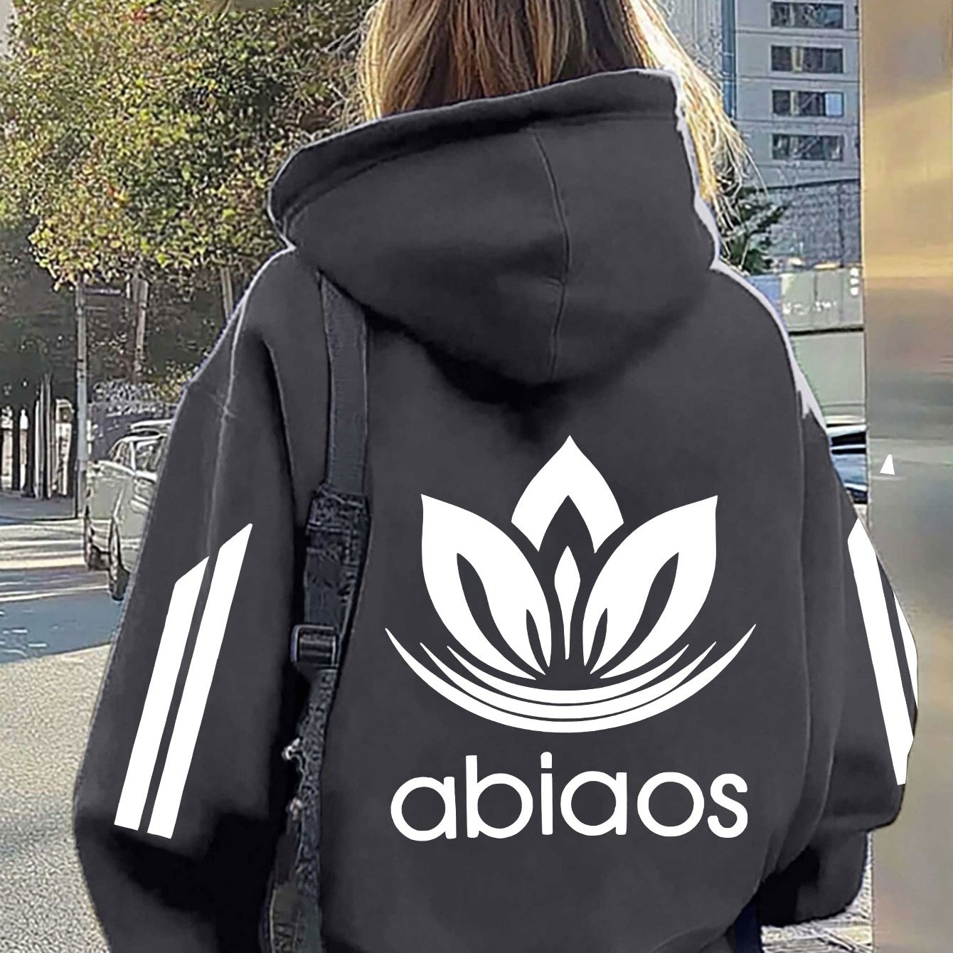 TEMU Women's Fashion White Lotus Abiaos Three-bar Printed Hoodie With Autumn Winter Casual Zipper Jacket, Fashionable Pocket Warm Hoodie, Machine