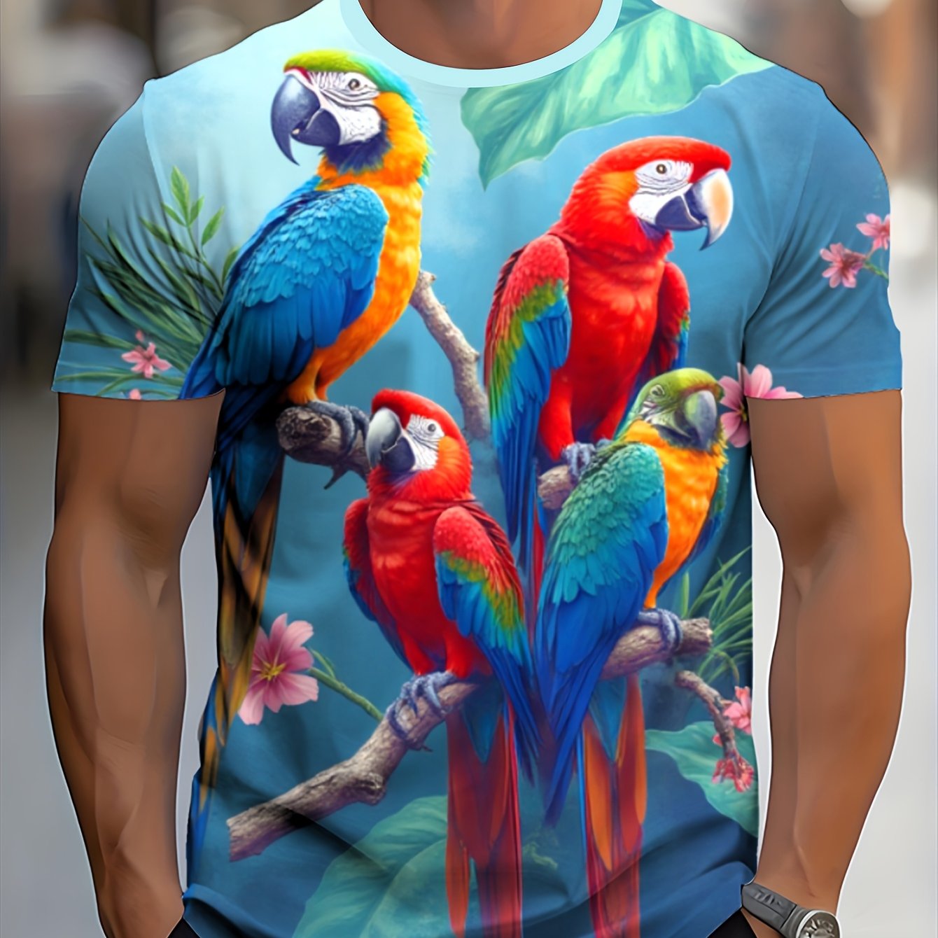 TEMU Men's Tropical Parrot T-shirt - Vibrant Print, Breathable Short Sleeves With A Round Neck, Suitable For Casual Outdoor Wear In , Machine
