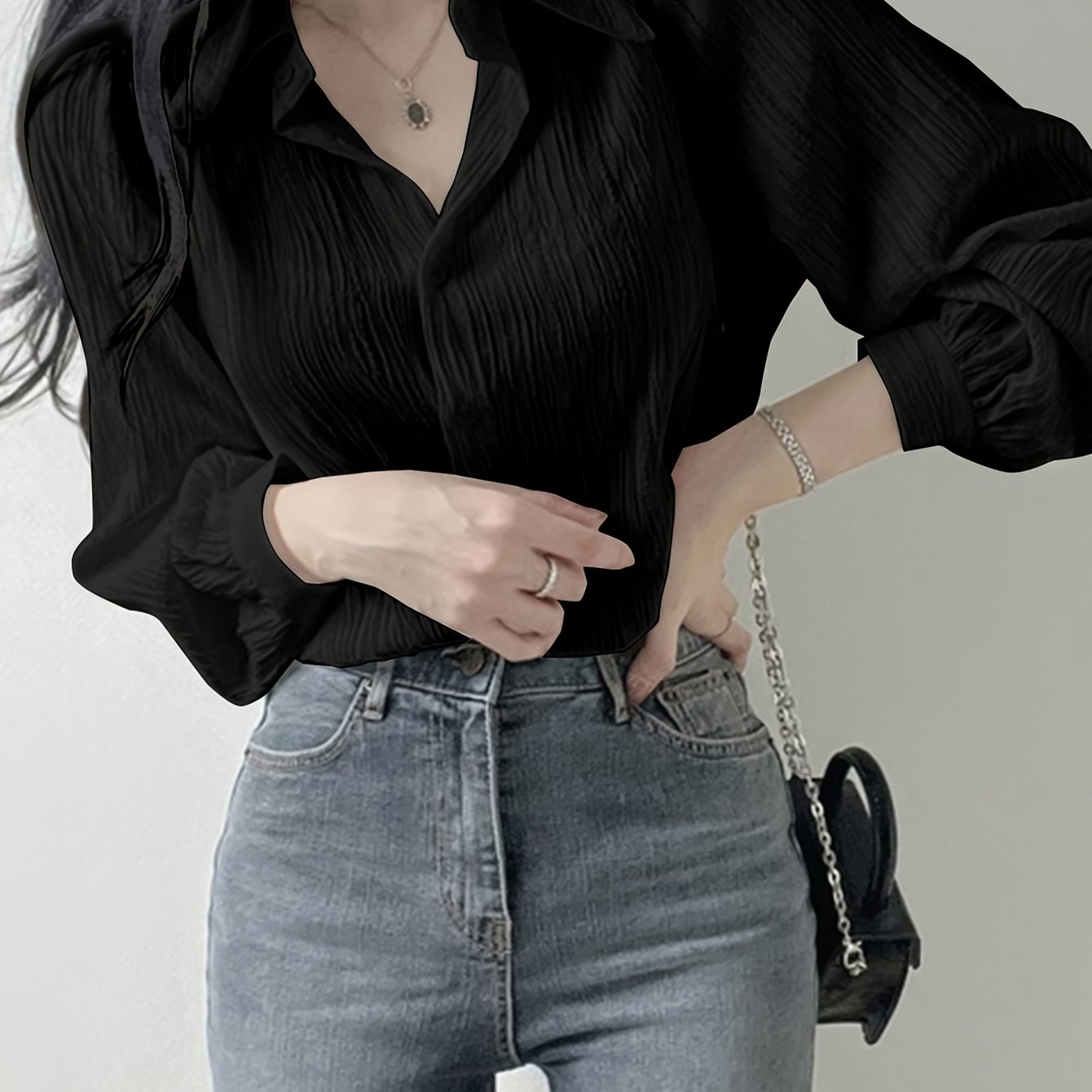 TEMU New Autumn/winter Women's Shirt, Elegant Women's Shirt, Beautiful Women's Shirt, Pleated Fabric, Solid Color, Turn- Collar, Loose Fit, Black,