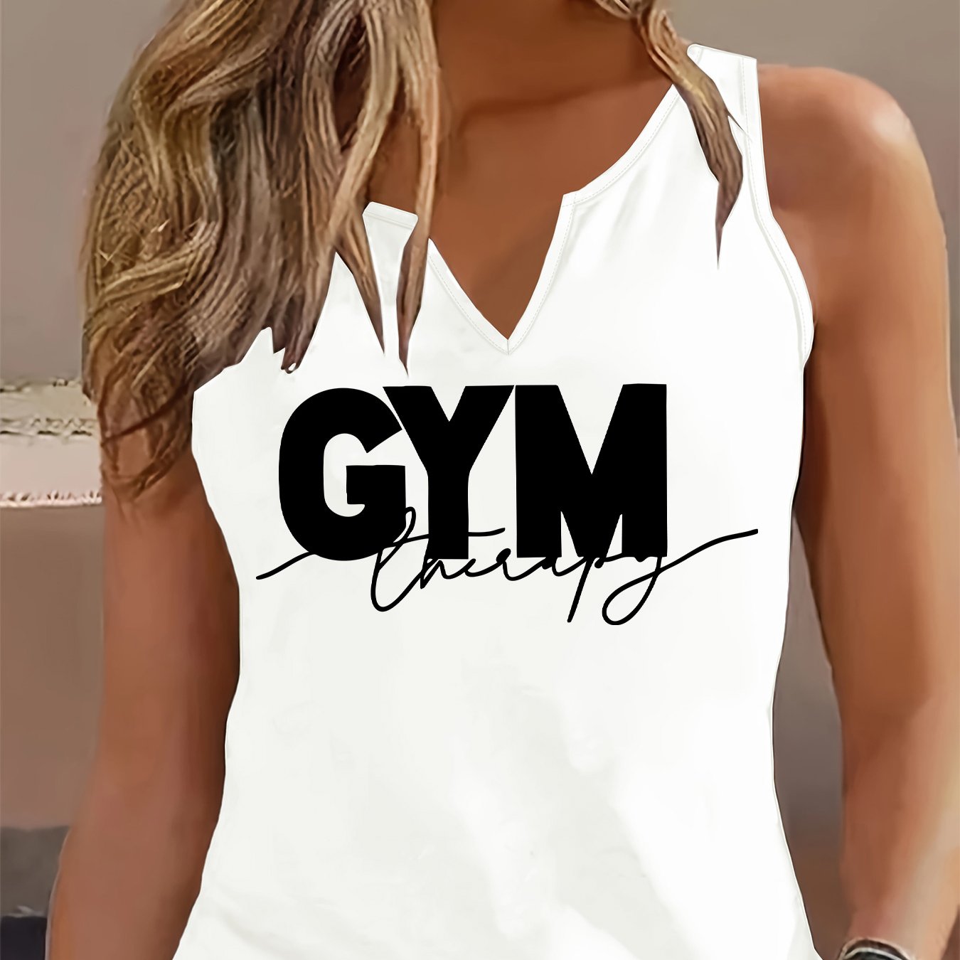 TEMU Fashionable Women's Sleeveless Tank Top With A V-neck, Featuring Breathable Fabric And Printed Letters, Perfect For Workouts And