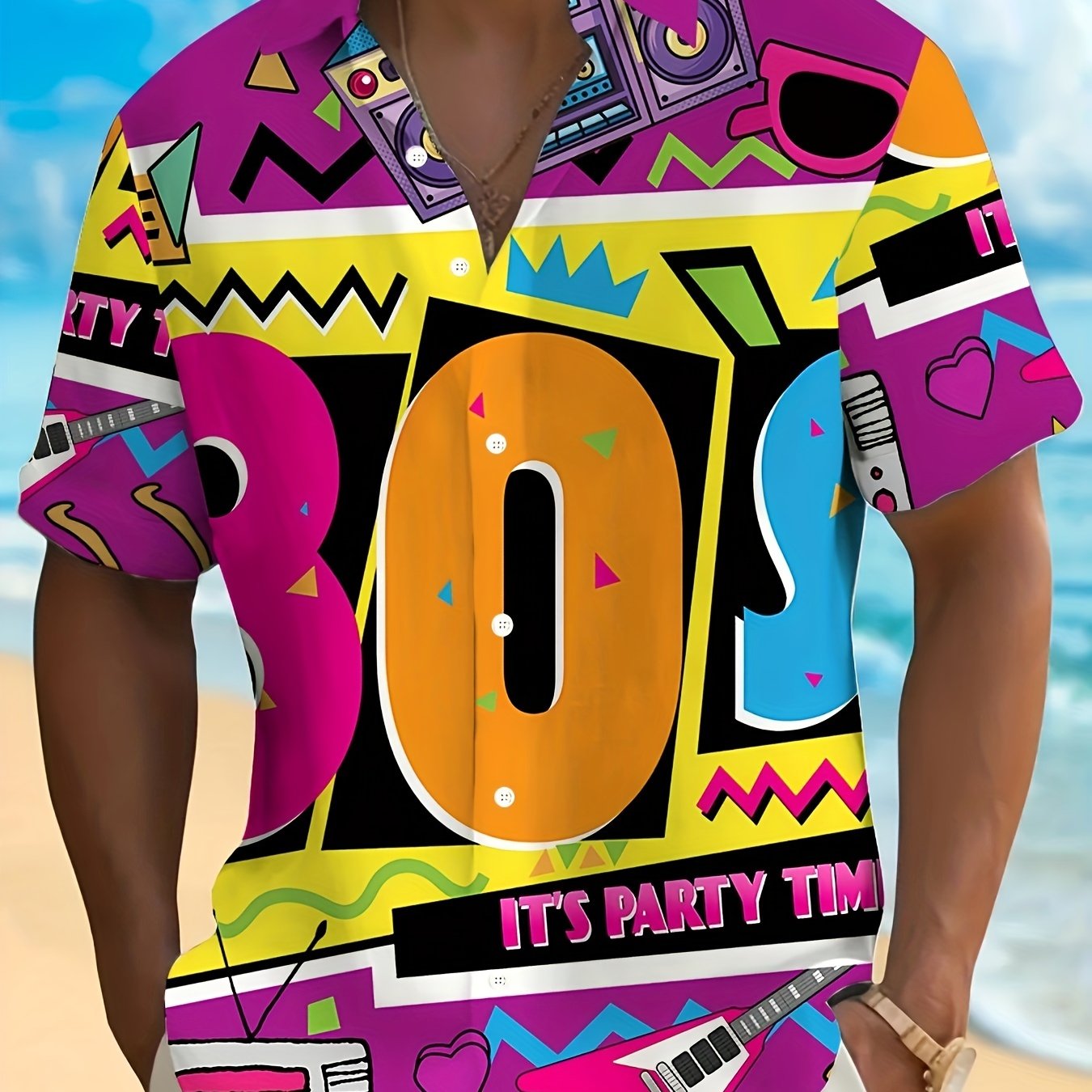 TEMU Men's Casual Hawaiian Shirt, Loose Fit Short Sleeve Button Beachwear With 80's Retro