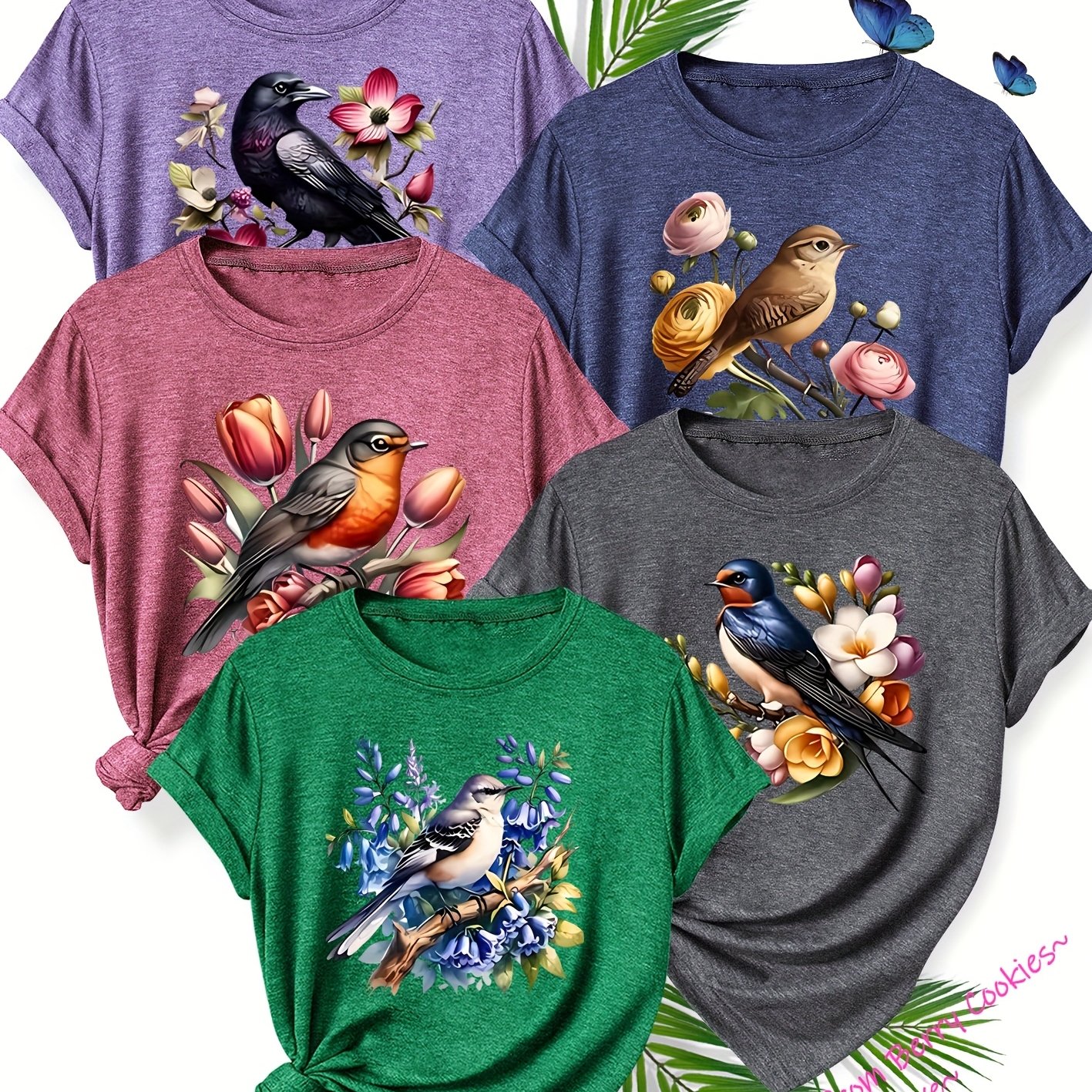 TEMU A Set Of 5 Matching Sister Outfits Featuring Easy And Clear Lines With Cute Animal And Plant Floral Patterns, Elegant Women's Short-sleeve