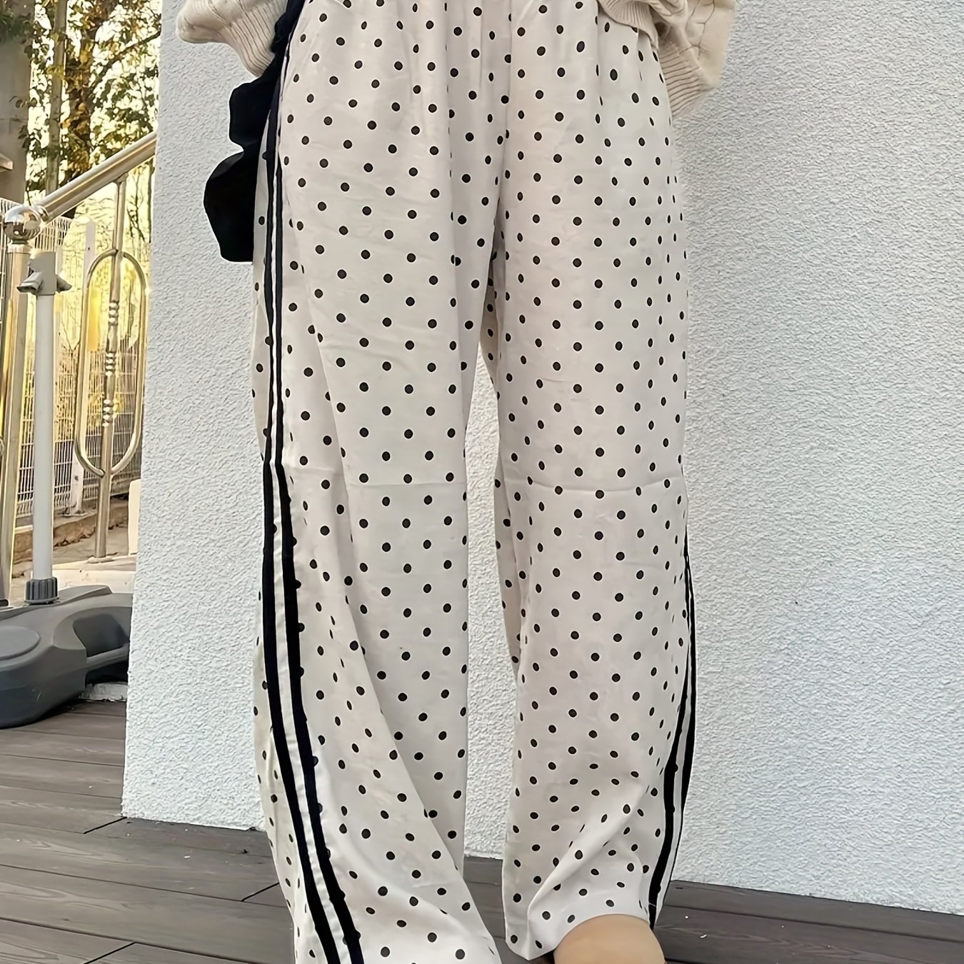 E-shop Gestreifte Polka Dot Print Frühlings-/Herbst-Widelegge-Hose, elegante und modische Hose mit elastischem Bund, Damenbekleidung
