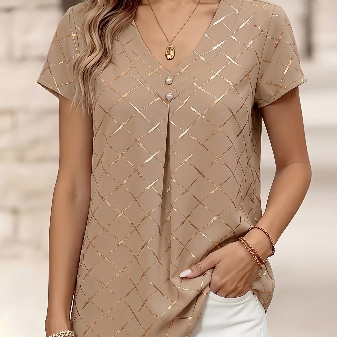 TEMU Women's V-neck Short-sleeve Blouse Shirt - Button-front With Decorative Collar, Non-stretch Buttonable Pullover Top Suitable For Spring/summer,