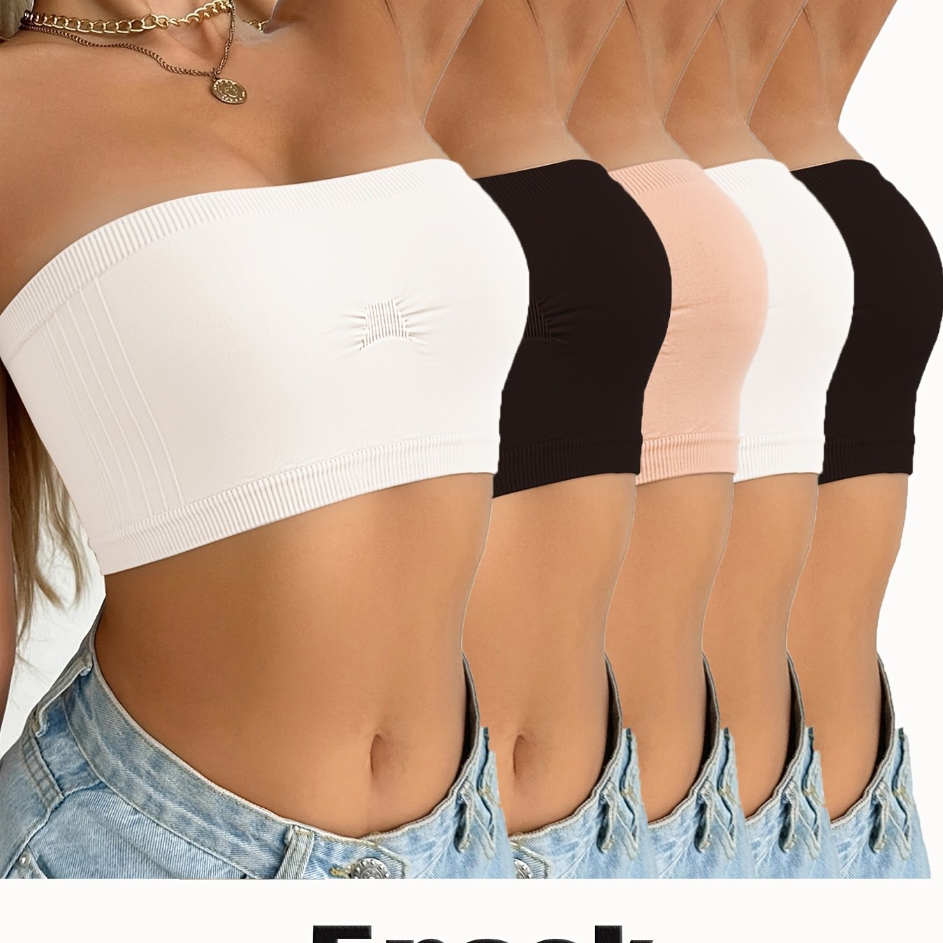 Image of 5pcs Set New Strapless Fashion Easy Elegant Off-shoulder Women' Bra, Sports Fitness Lightweight Soft Breathable Comfortable Straight Leg Women's Versatile Bra