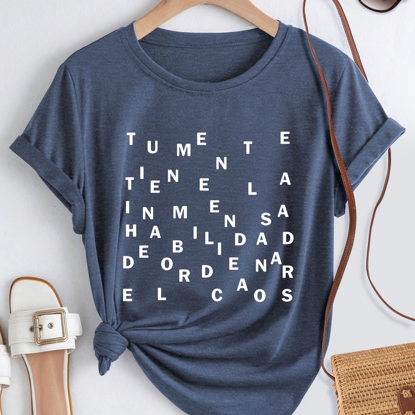 TEMU Camiseta de manga corta para mujer, estampado de texto desordenado en español, para mujer, cuello y , transpirable para y verano, top de uso