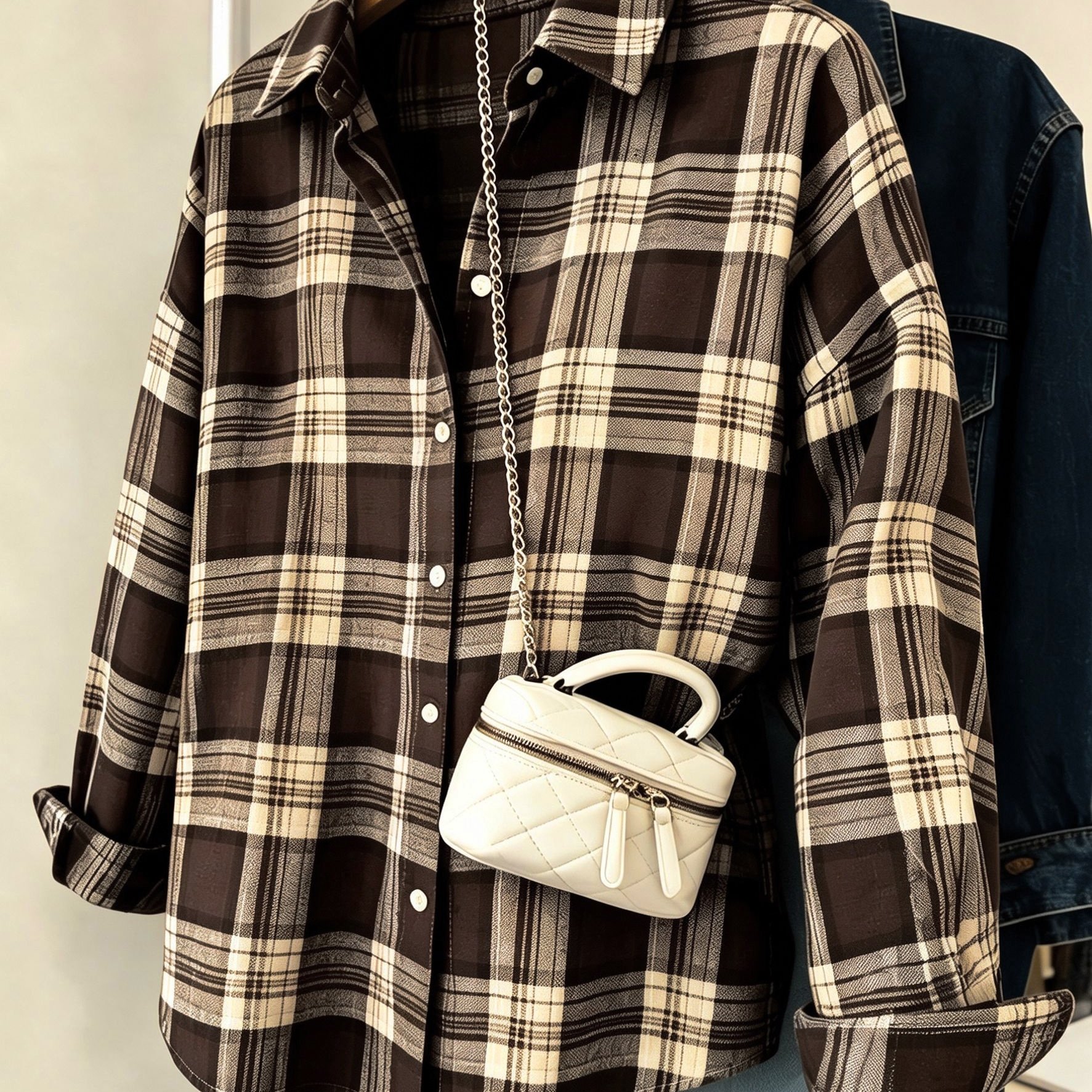 TEMU Women's Elegant And Stylish Shirt Top, Ladies' Checkered Lapel Long-sleeve Shirt, Single-breasted Front , Loose Fit Mid-length, Vintage Style
