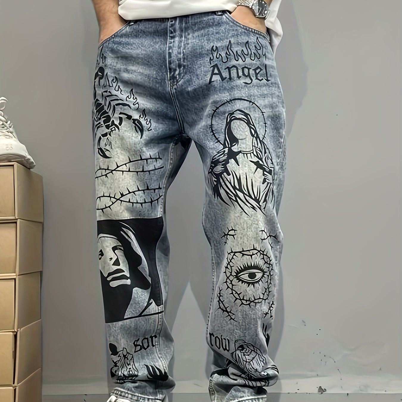 Vintage Graffiti Print Loose Straight-leg Jeans