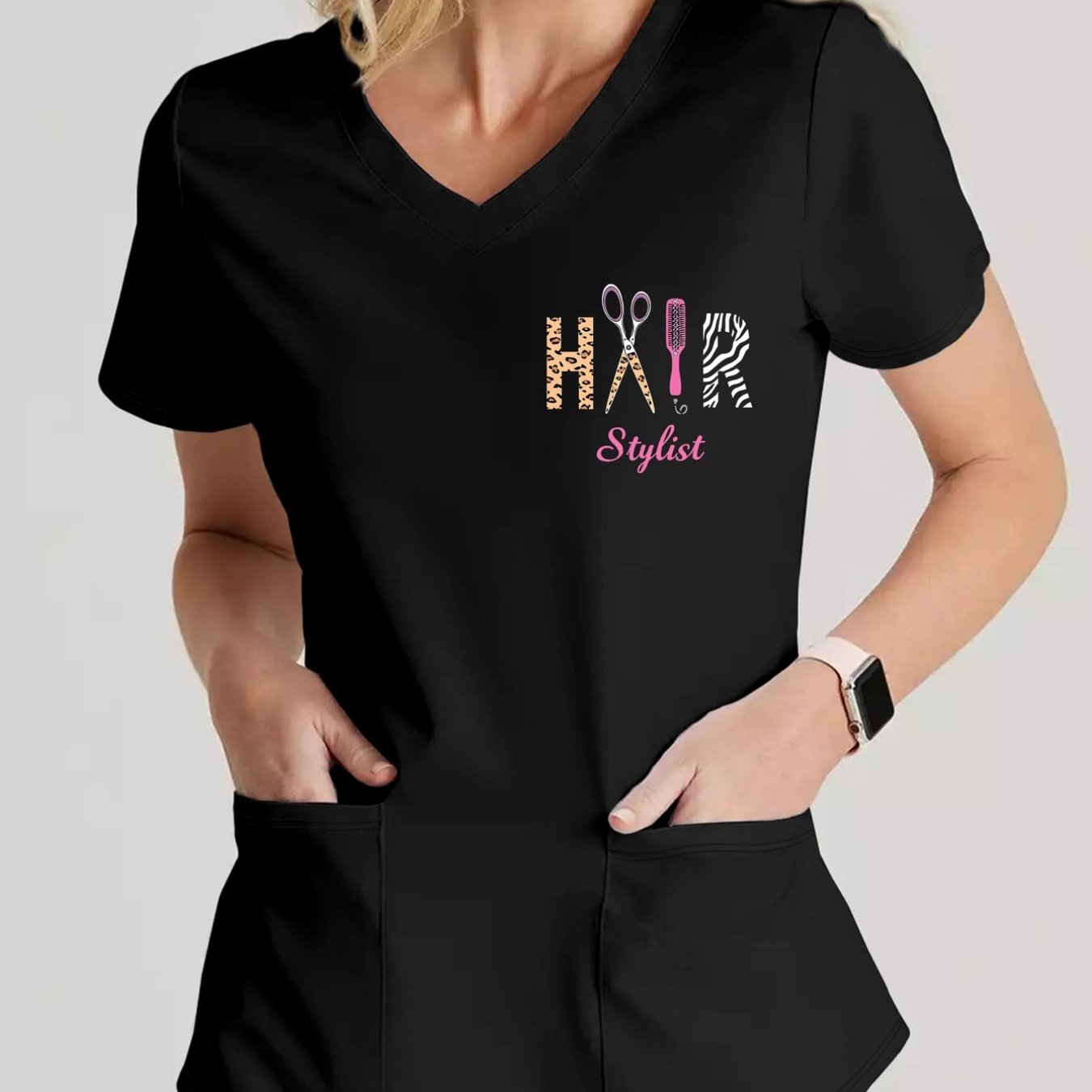 TEMU T-shirt con scollo a V, Stile Parrucchiere, Stampa Forbici, Scollo a V