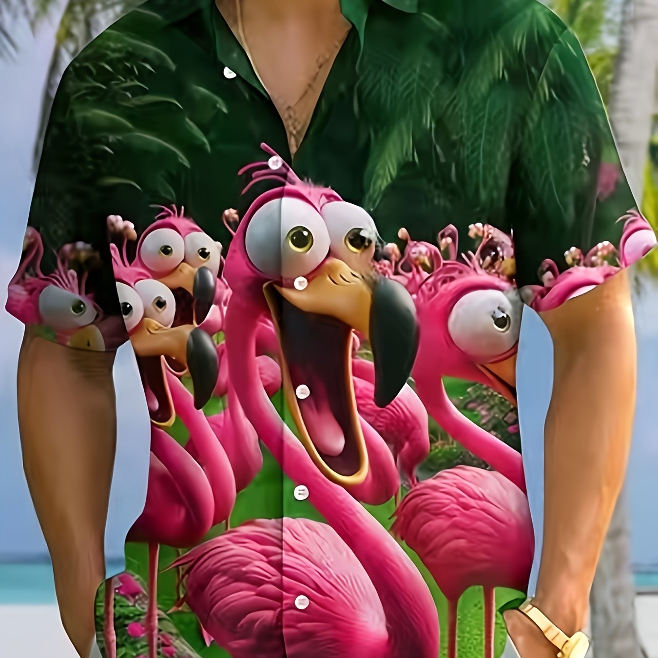 TEMU Fun Flamingo Print Men's Button- Short Sleeve Hawaiian Vacation Shirt