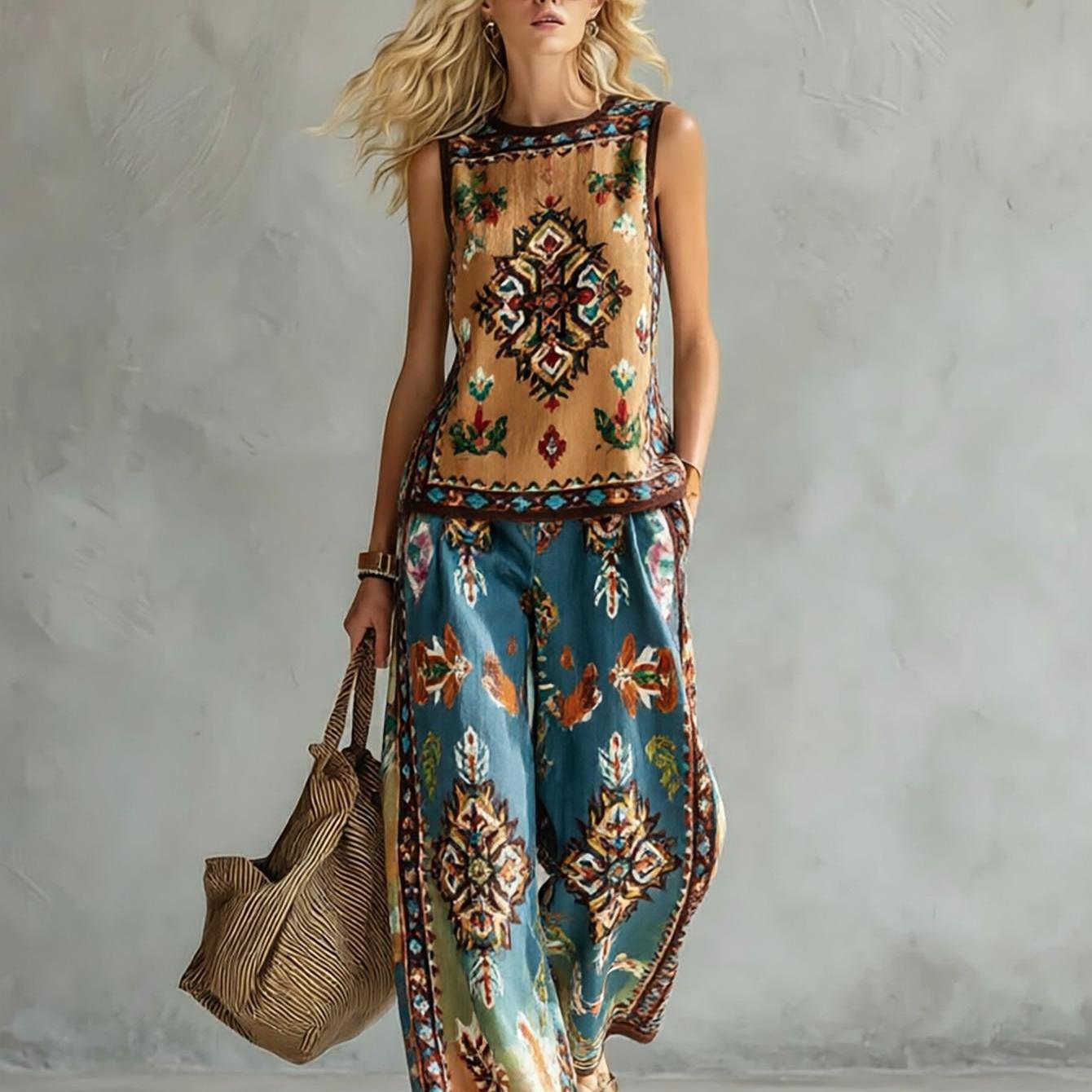 Image of New Women's Summer Clothing: Top + Pants Set Bohemian Geometric Floral Prints Summer Women's Vest Set Casual Wear Machine Washable Polyester Fiber Simple And 2pcs Set 2d Flat Printing Summer, 2d Flat