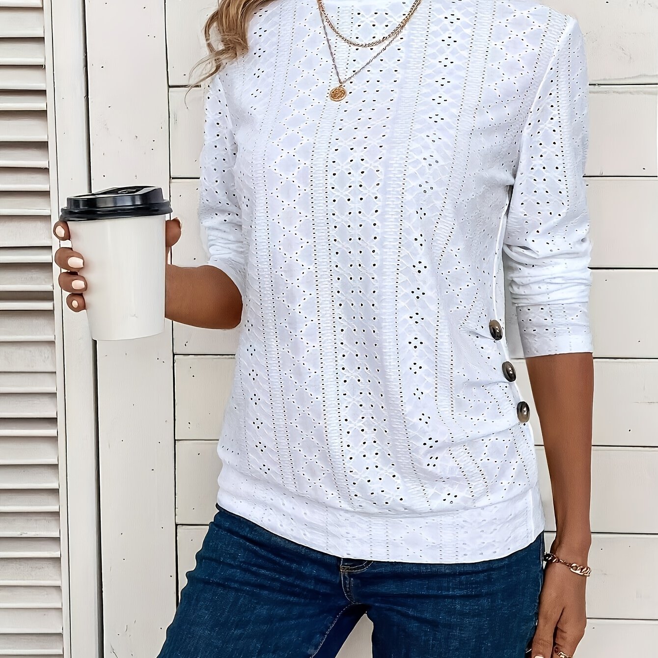 TEMU Women's Elegant Long Sleeve T-shirt - Semi-sheer Top With Decorative Hollow Buttons, Soft Everyday Blouse For Women, Office, Formal Events -