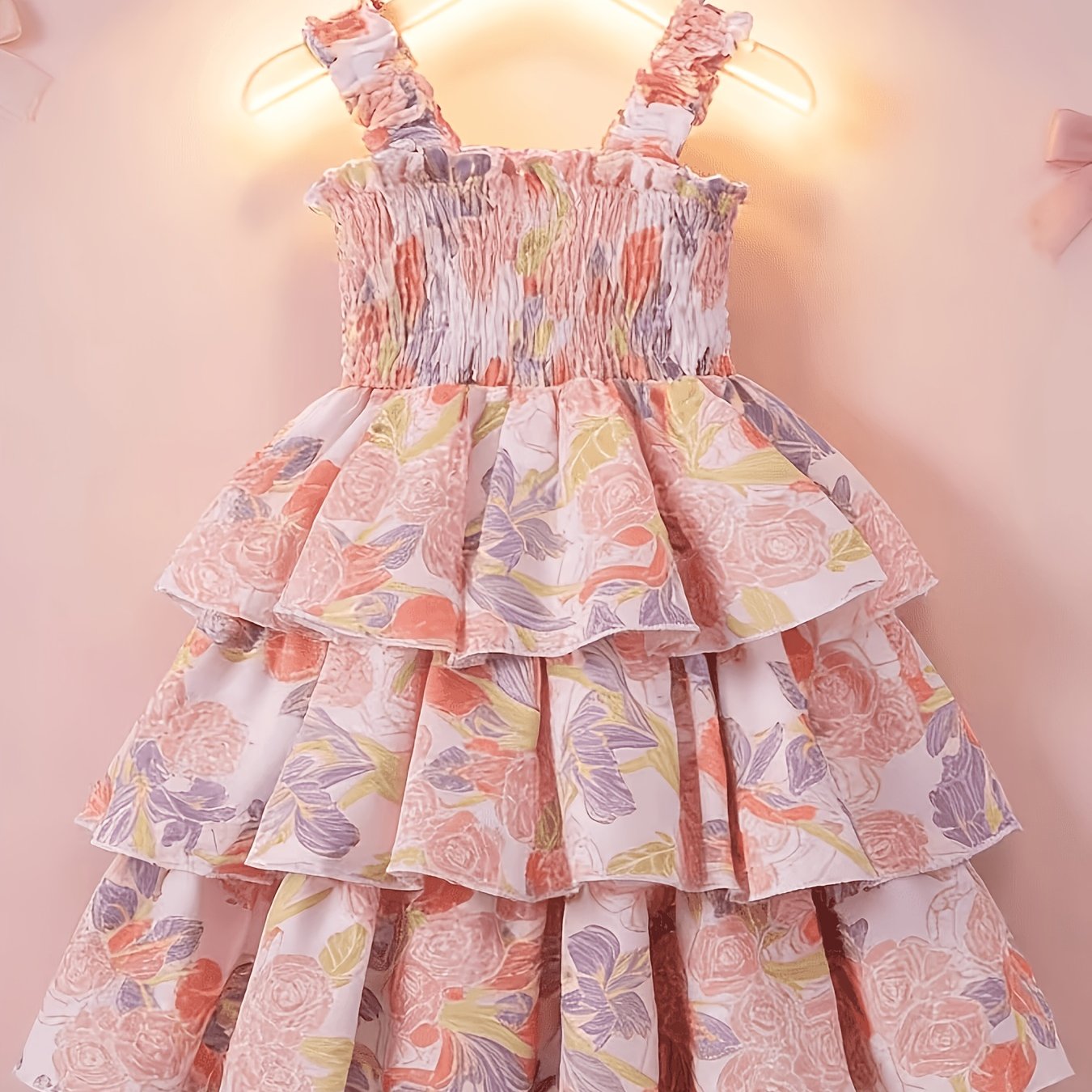 TEMU Girls' Summer New Floral Camisole Dress, Fashionable Cake Layered Dress, Casual Daily Wear