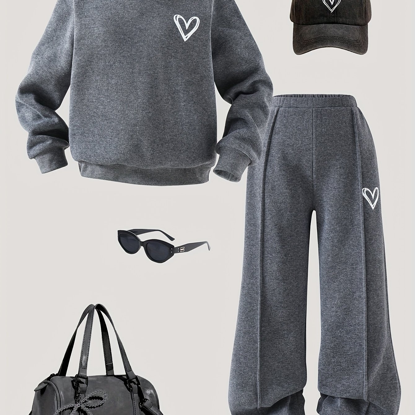 Girls' Spring/autumn Heart Print Knit Sweatshirt Set: Solid Color Loose Drop-shoulder Long-sleeve Sweatshirt + Wide-leg Jogger Pants, Perfect For Outdoor