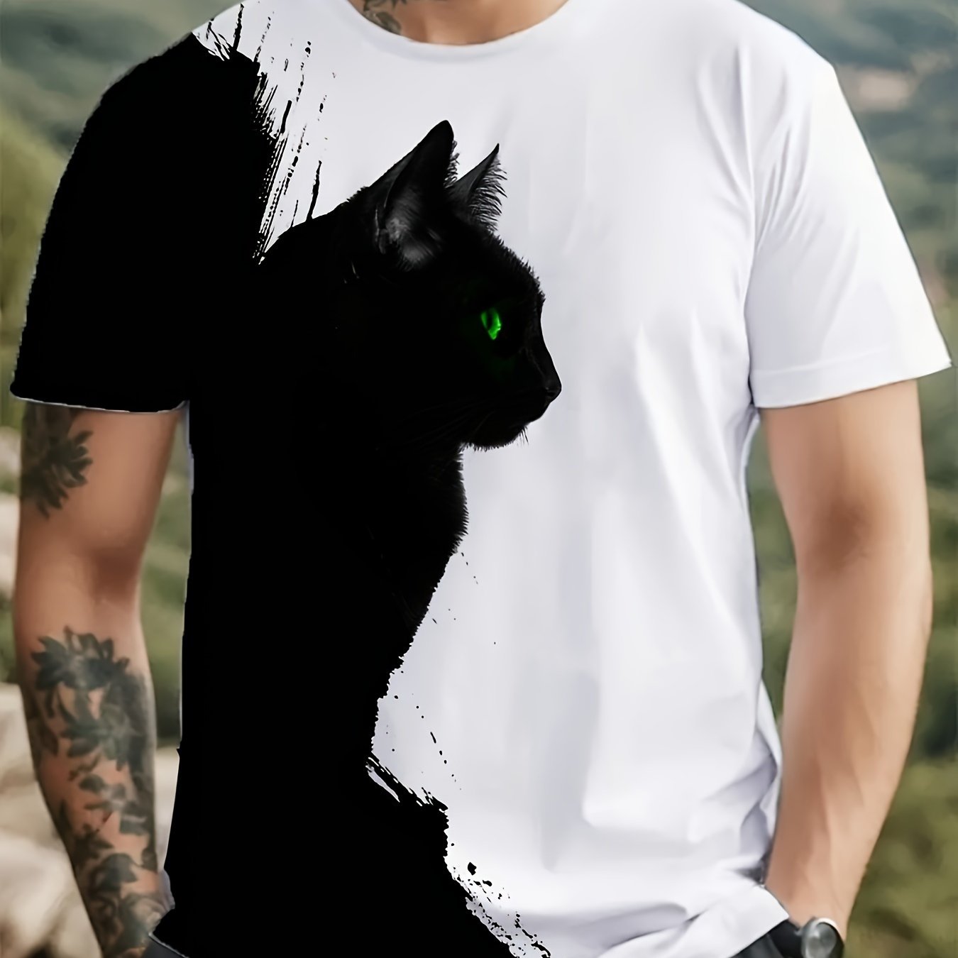TEMU Men's Style T-shirt - Black Cat Silhouette, , Short Sleeve, Crew Neck, Regular Fit, Geometric Pattern, Lightweight, Perfect For Casual Attire
