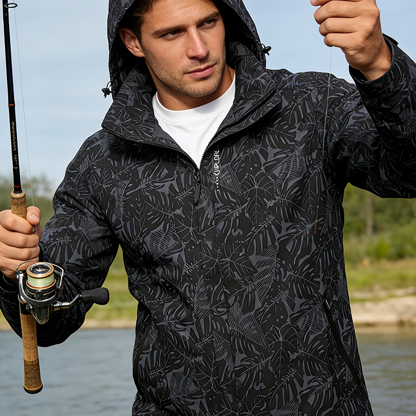 Image of Men's Floral Print Hooded Jacket - Casual Long Sleeve Sportswear With Zipper Pockets, Non-stretch Fabric, Regular Fit, Sporty Casual Wear | Floral Print Jacket | Zippered Jacket