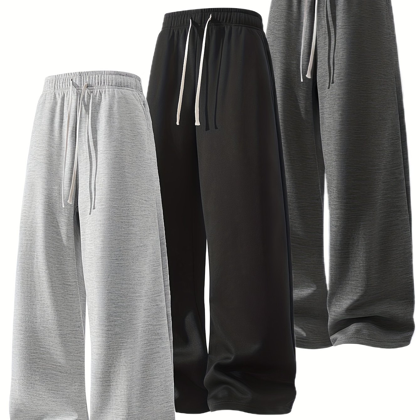TEMU 3pcs Summer Trendy All-match Long Pants [soft Knitted Joggers] Men's Soft Knitted Joggers - Loose Fit, Elastic Waist With Drawstring, 2 Side