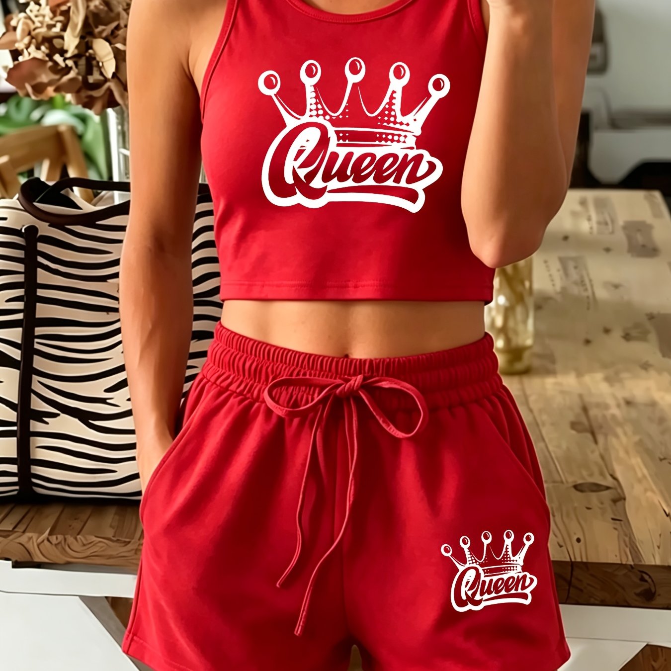 TEMU Women's Casual Printed 2pcs Set With Slanted Pockets, Consisting Of A Sleeveless Vest And Loose Shorts.
